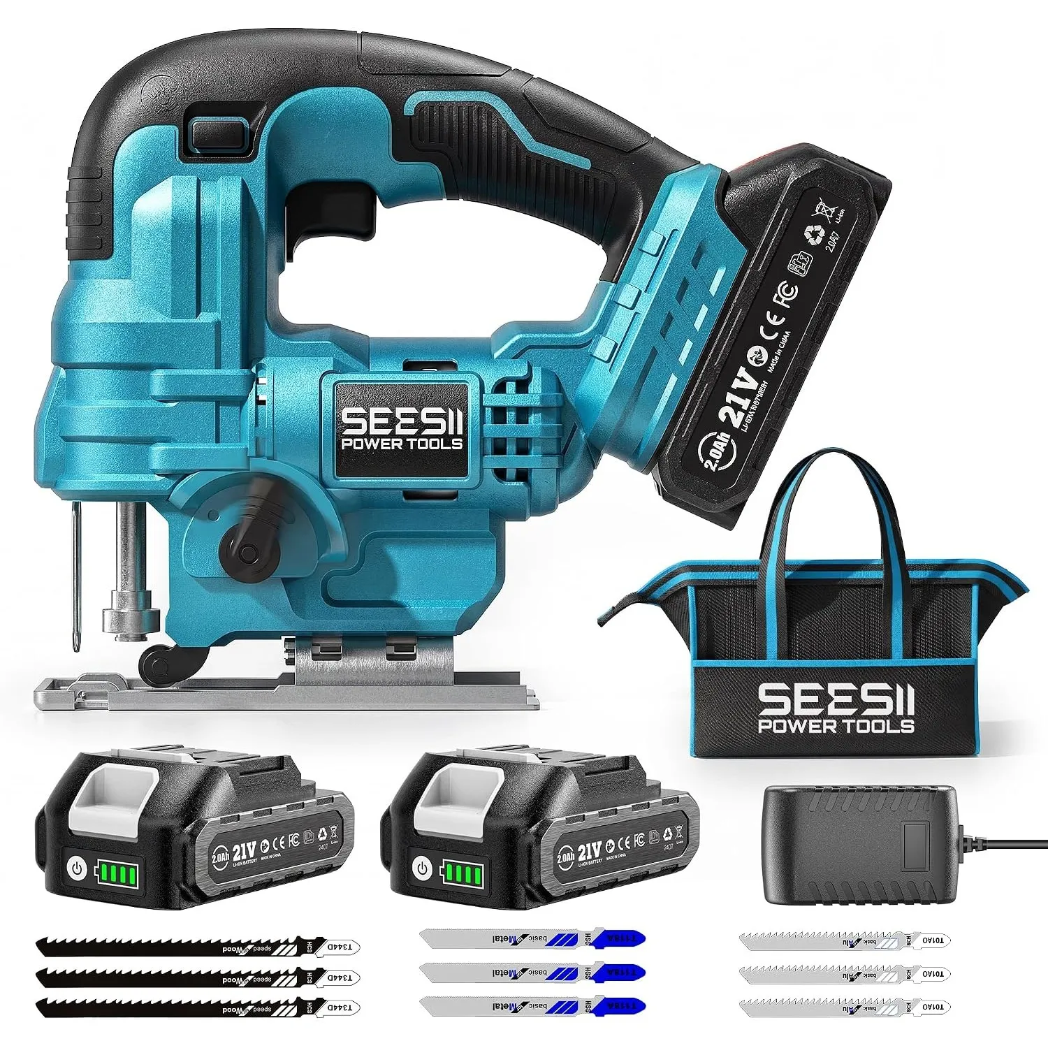 Seesii Stichsäge 21V, Akku Stichsäge mit Akkus und Ladegerät Set, 6-Stufen, Mit LED, 0°-45° Gehrung, 4 Pendelhub-Einste…