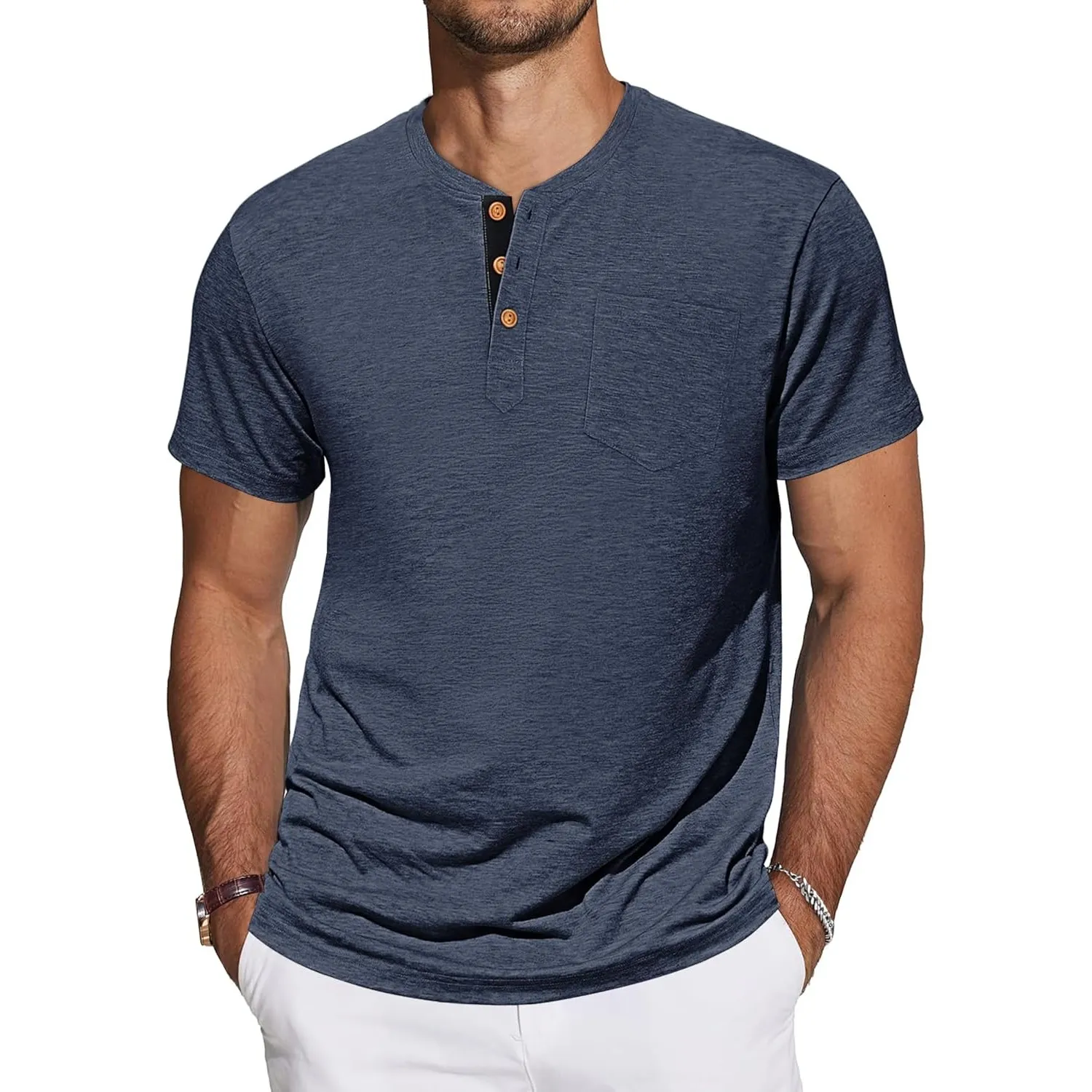 TARAINYA Henley T-Shirts Herren Baumwolle Shirt Kurzarm Einfarbig Basic Tee Männer Sommer mit Tasche M-4XL