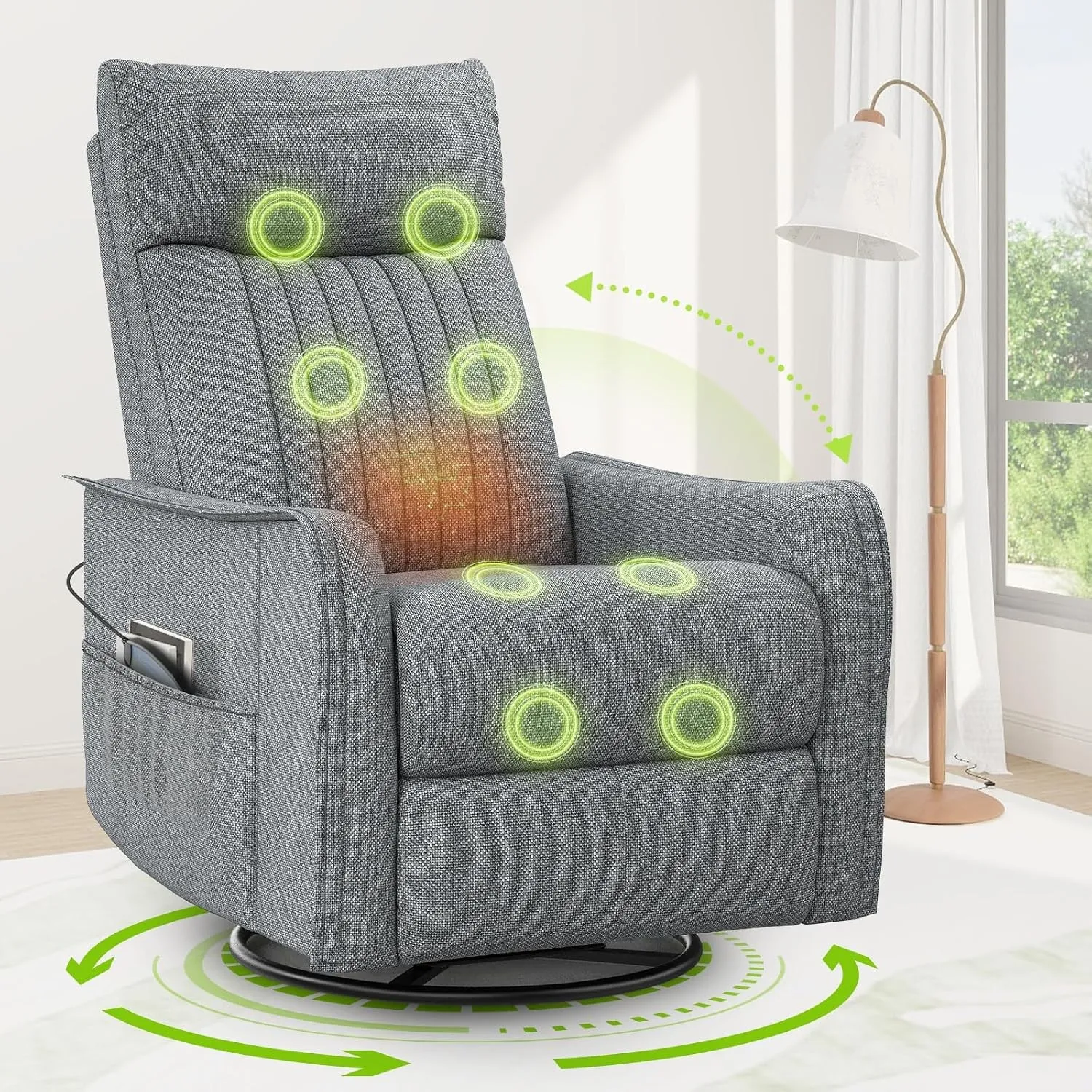 Fernsehsessel Massagesessel mit Liegefunktion, Relaxsessel mit Wärme und Massage, 360°Drehbarer TV Sessel Wohnzimmer, S…