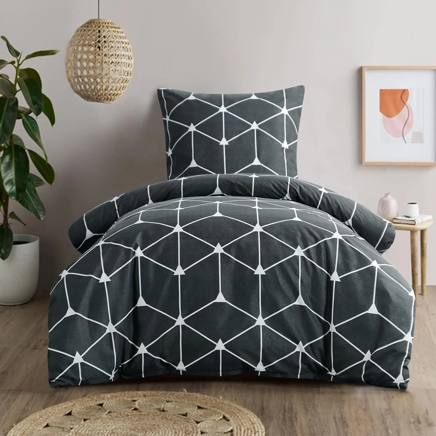 RUIKASI Bettwäsche 140x200 2 teilig Anthrazit - Bettbezug 140 x 200 Set mit Geometrie Muster, Bettwäsche-Sets 140x200cm…