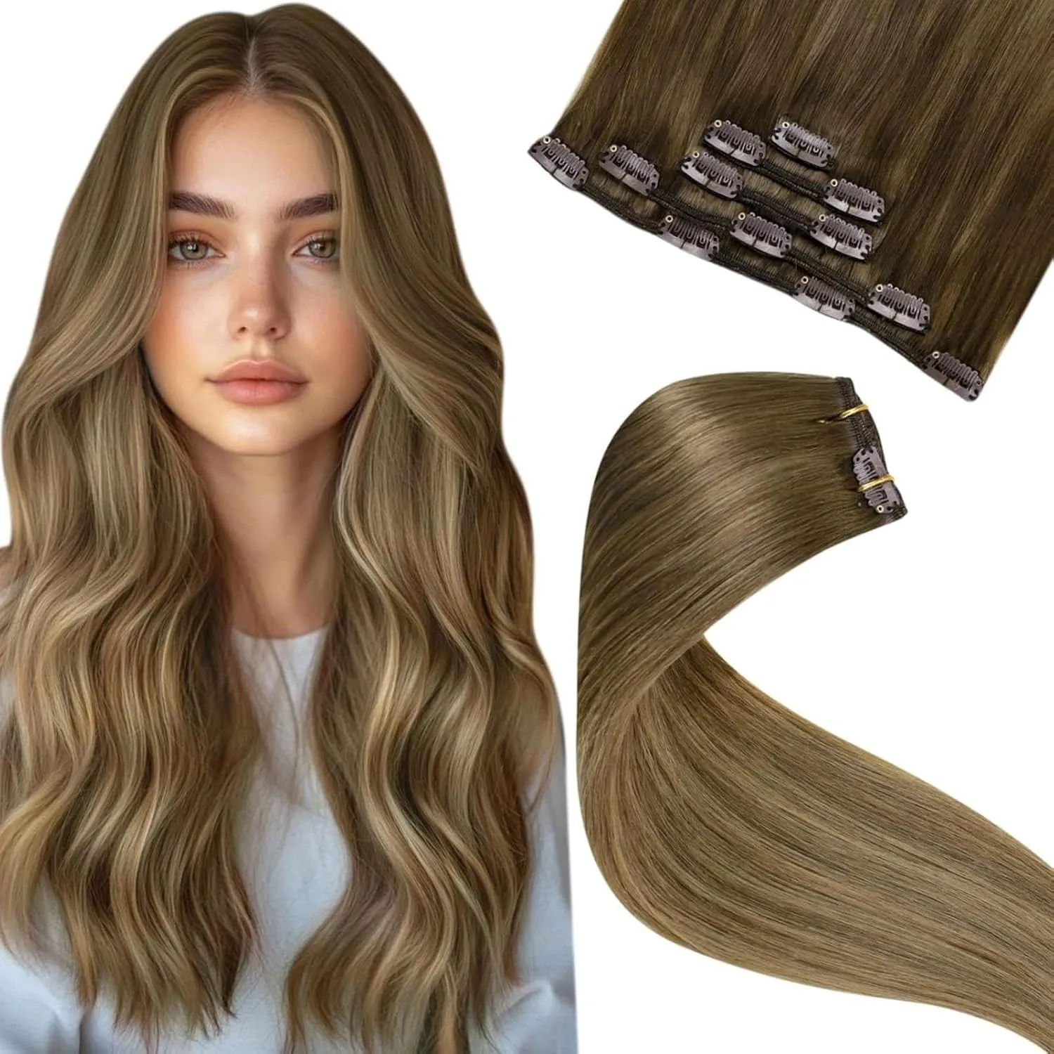 LaaVoo Balayage Clip in Extensions Echthaar Braun 80G/5Stück Mittelbraun Ombre Hellbraun und Dunkelgoldblond #6/8/14 Do…