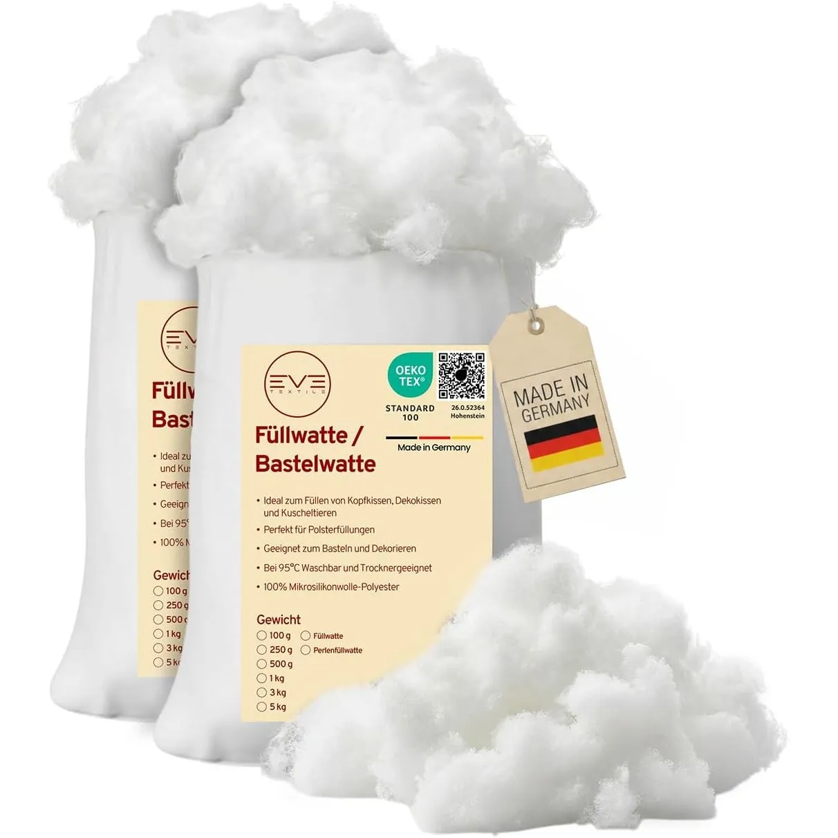 EVE Textile® Füllwatte 1 kg Weiche Watte & Füllmaterial Oeko-Tex 100 Zertifiziert für Kissen, Kuscheltiere Hochbausch B…