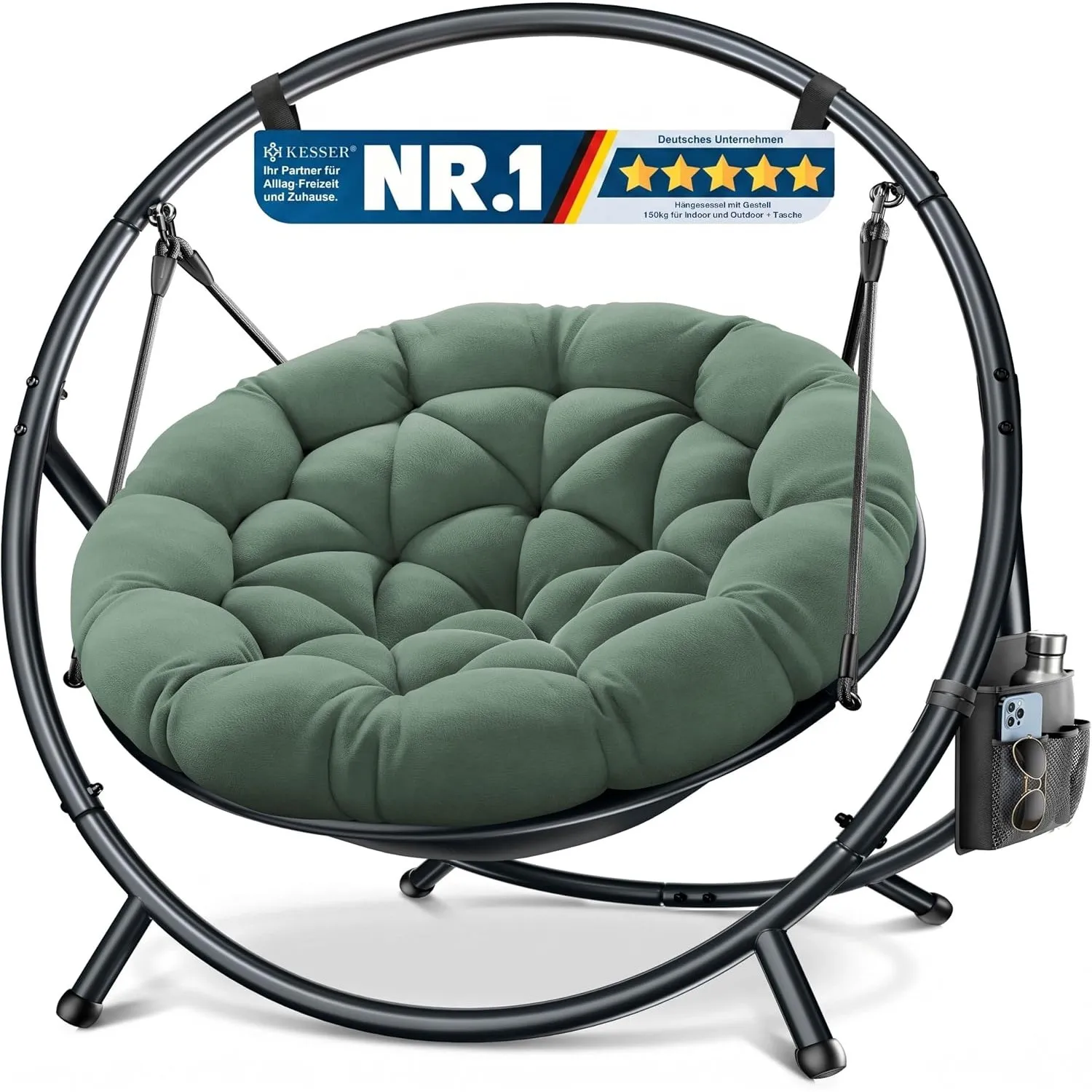 KESSER® Hängesessel mit Gestell Bali Hängeschaukel Hängestuhl bis 150kg für Indoor und Outdoor + Kissen & Seitentasche …