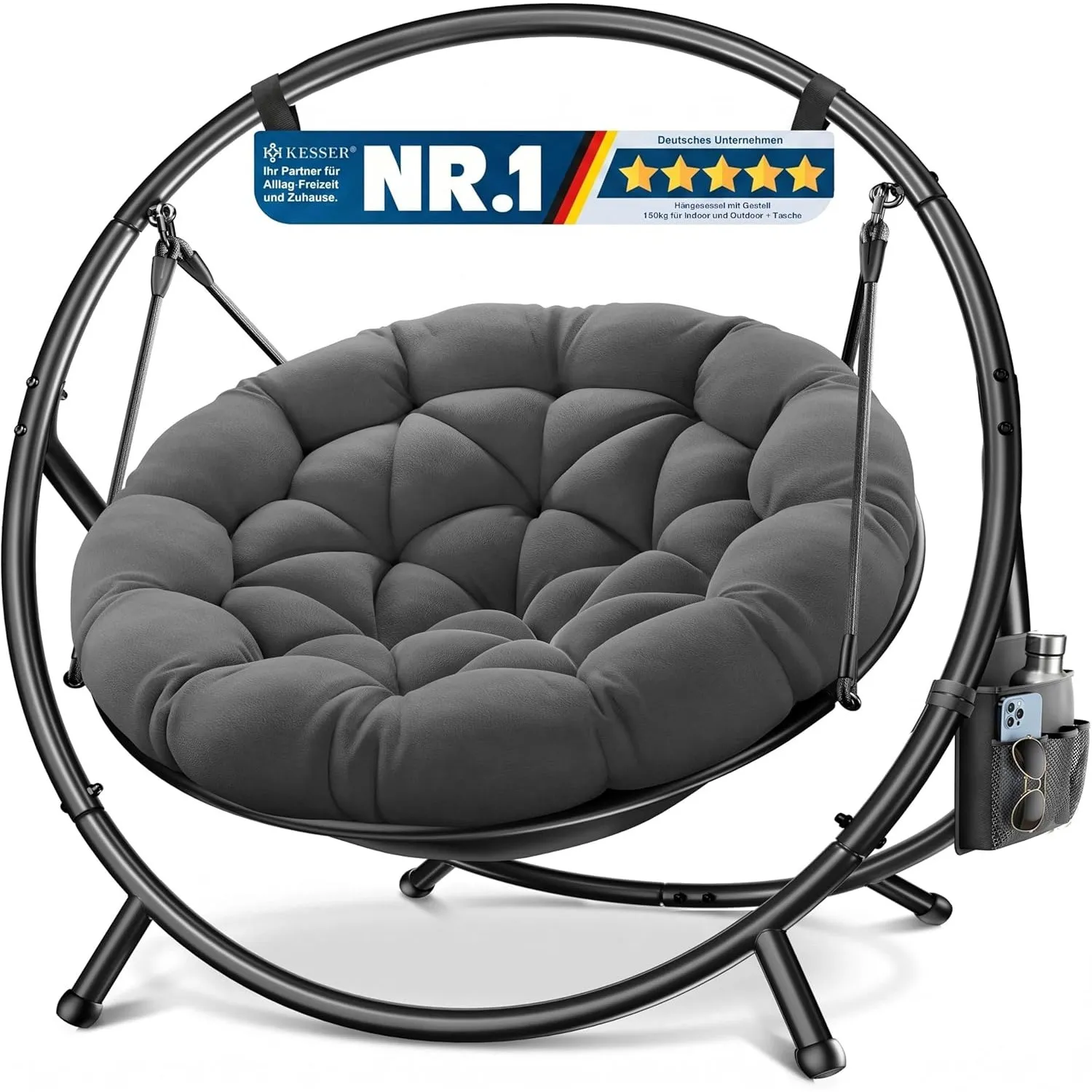 KESSER® Hängesessel mit Gestell Bali Hängeschaukel Hängestuhl bis 150kg für Indoor und Outdoor + Kissen & Seitentasche …