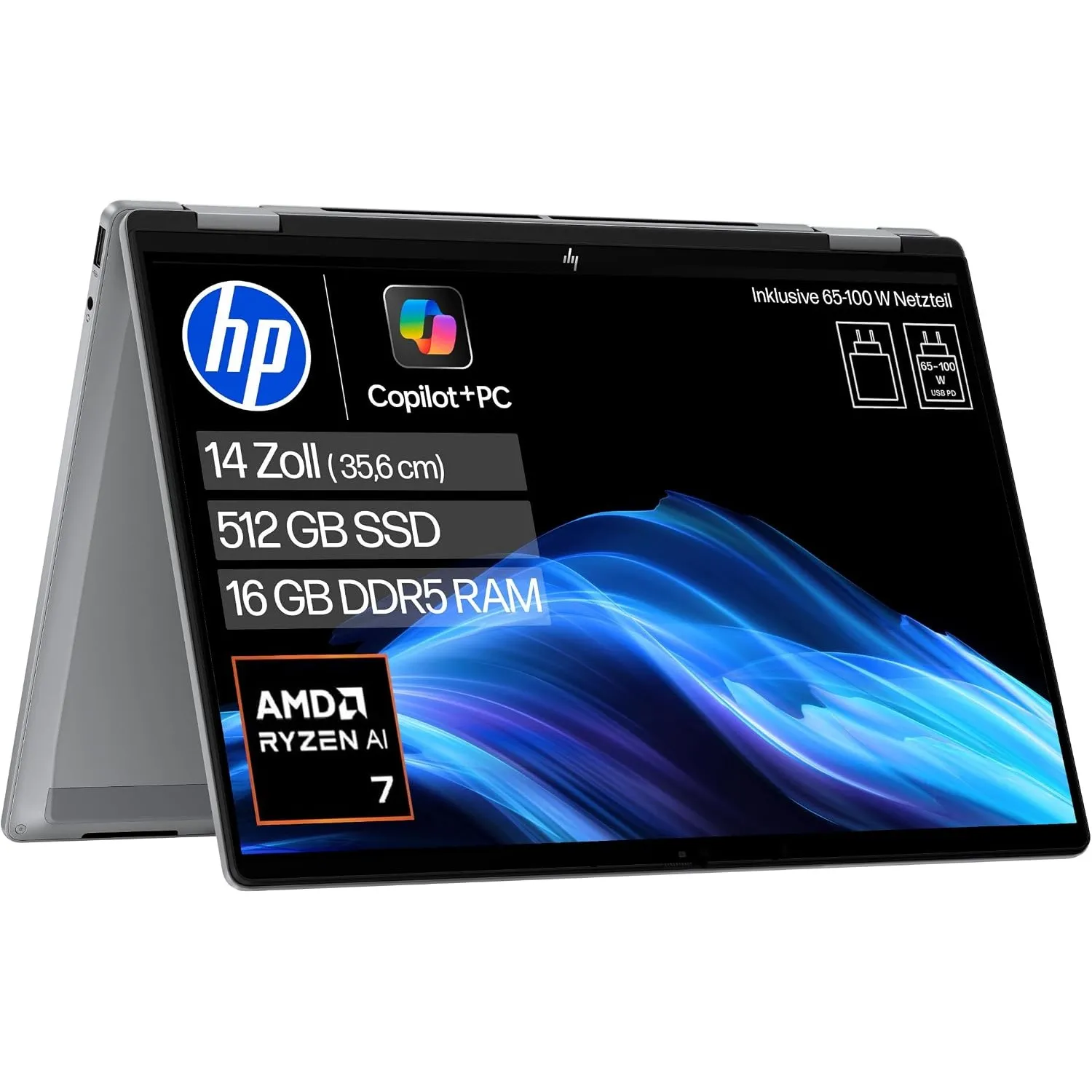 HP OmniBook X Flip 2-in-1 Laptop (14" 2K Touchscreen, AMD Ryzen AI 7, Copilot+, 16GB RAM, 512GB, Win11, QWERTZ) - Silber