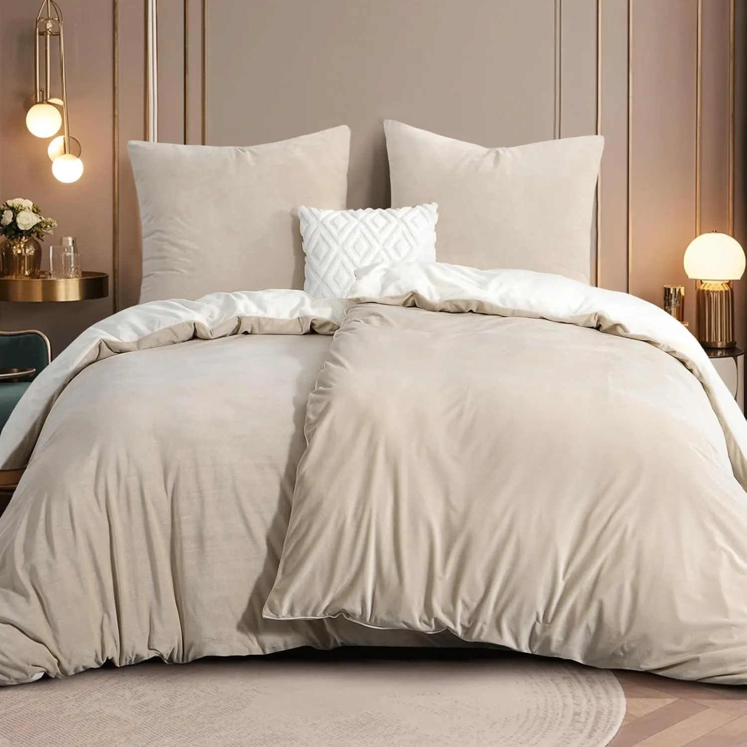 RUIKASI Flanell Bettwäsche 135 x 200 4teilig Beige - Weiß Warm Winter Bettwäsche Kuschel Plüsch Fleece Bettbezug Sets m…