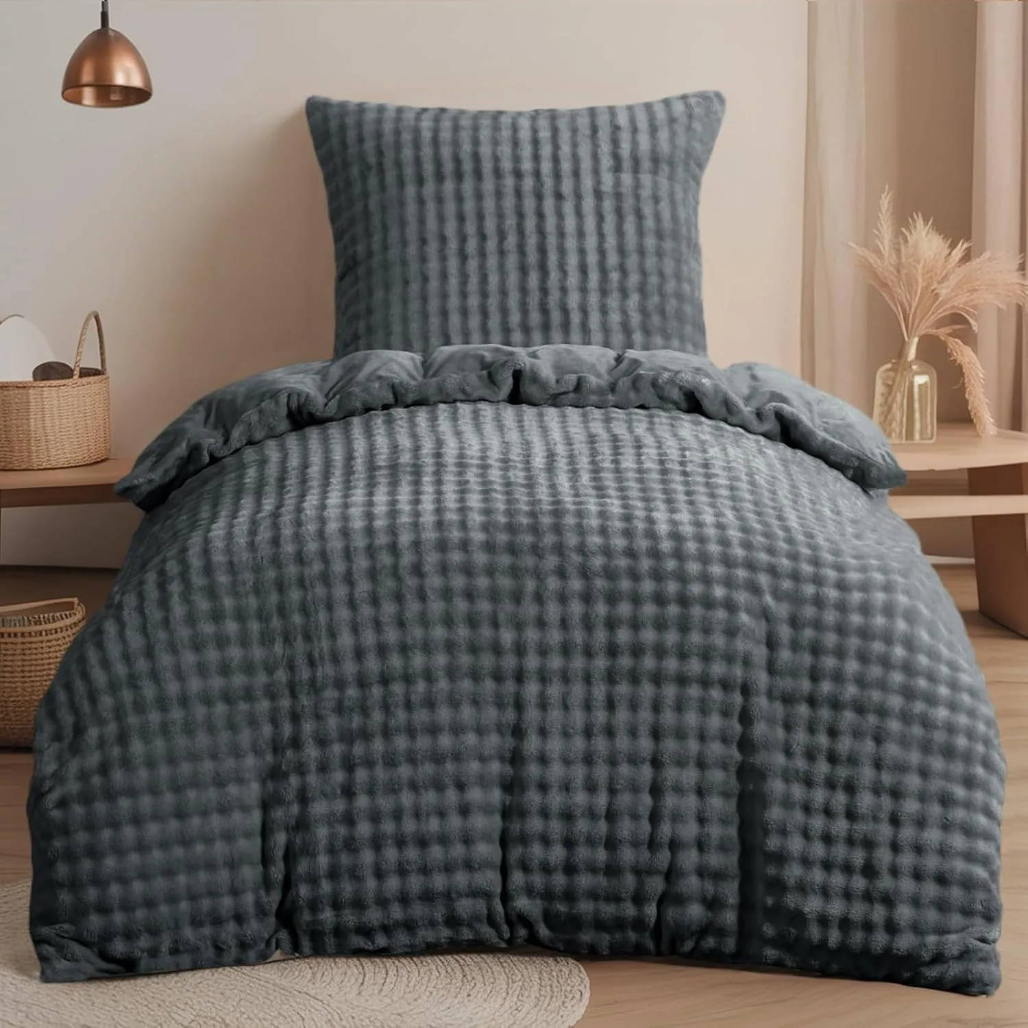 RUIKASI Winter Plüsch Bettwäsche 155 x 220 Flanell 2teilig Grau, Oeko-TEX