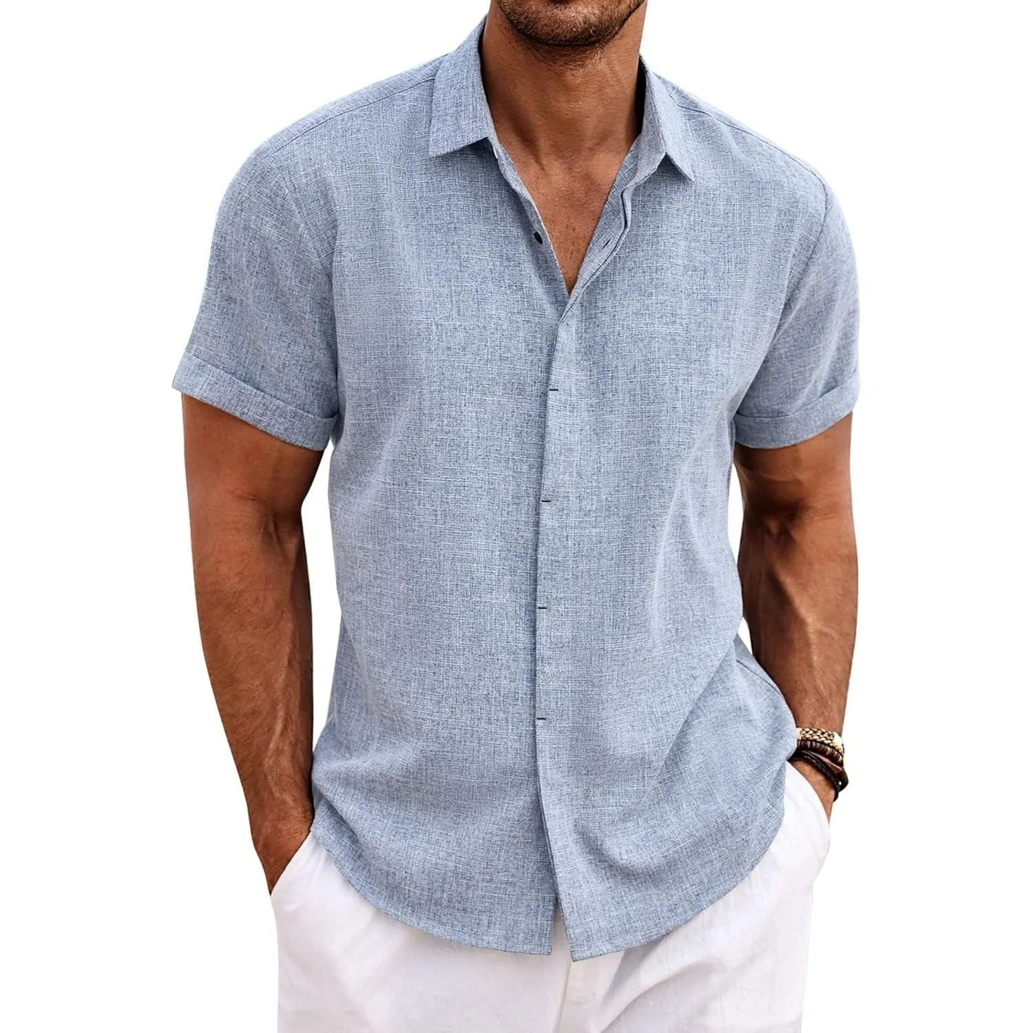 COOFANDY Leinenhemd Herren Kurzarm Hemd Button Down Regular Fit Freizeithemden Sommer Strand Leinen Shirt
