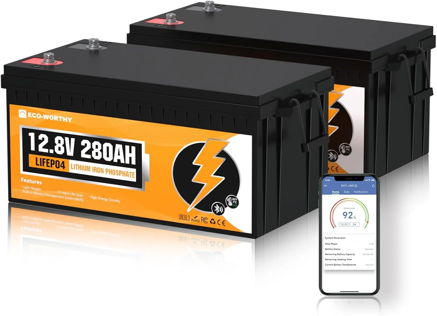 ECO-WORTHY 2PACK 12V 280Ah LiFePO4 Bluetooth mit 200A BMS Low-Temp Schutz und bis zu 15000 Zyklens,7KWH Lithiumbatterie…