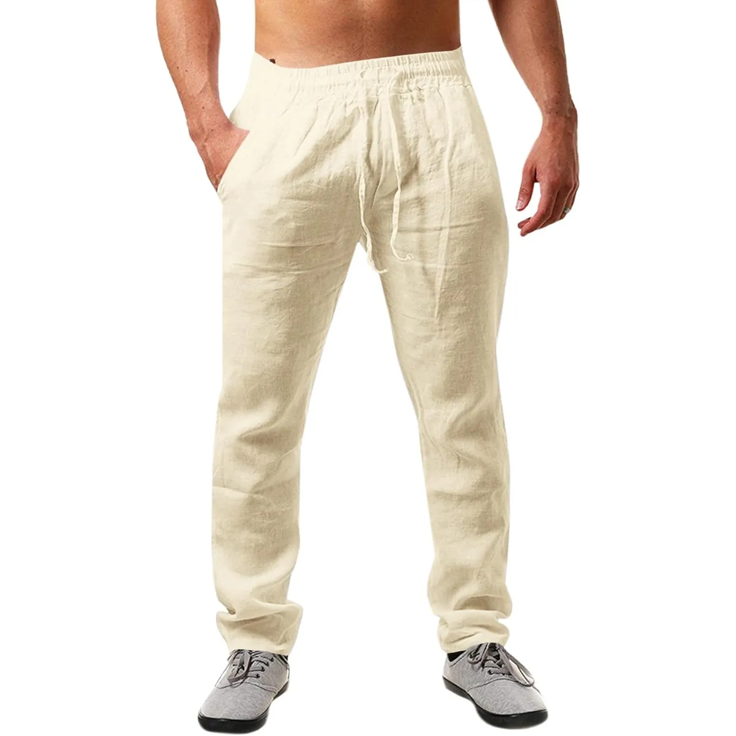 Runcati Herren Leinenhose Einfarbiges Lang Leicht Sommerhose Loose Fit Freizeithose mit Kordelzug für Urlaub Strand All…