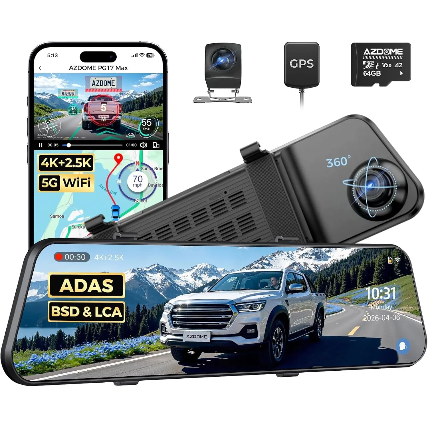 AZDOME PG17 MAX Rückspiegel Dashcam 4K Vorne Hinten, 12 Zoll GPS WLAN 64 GB