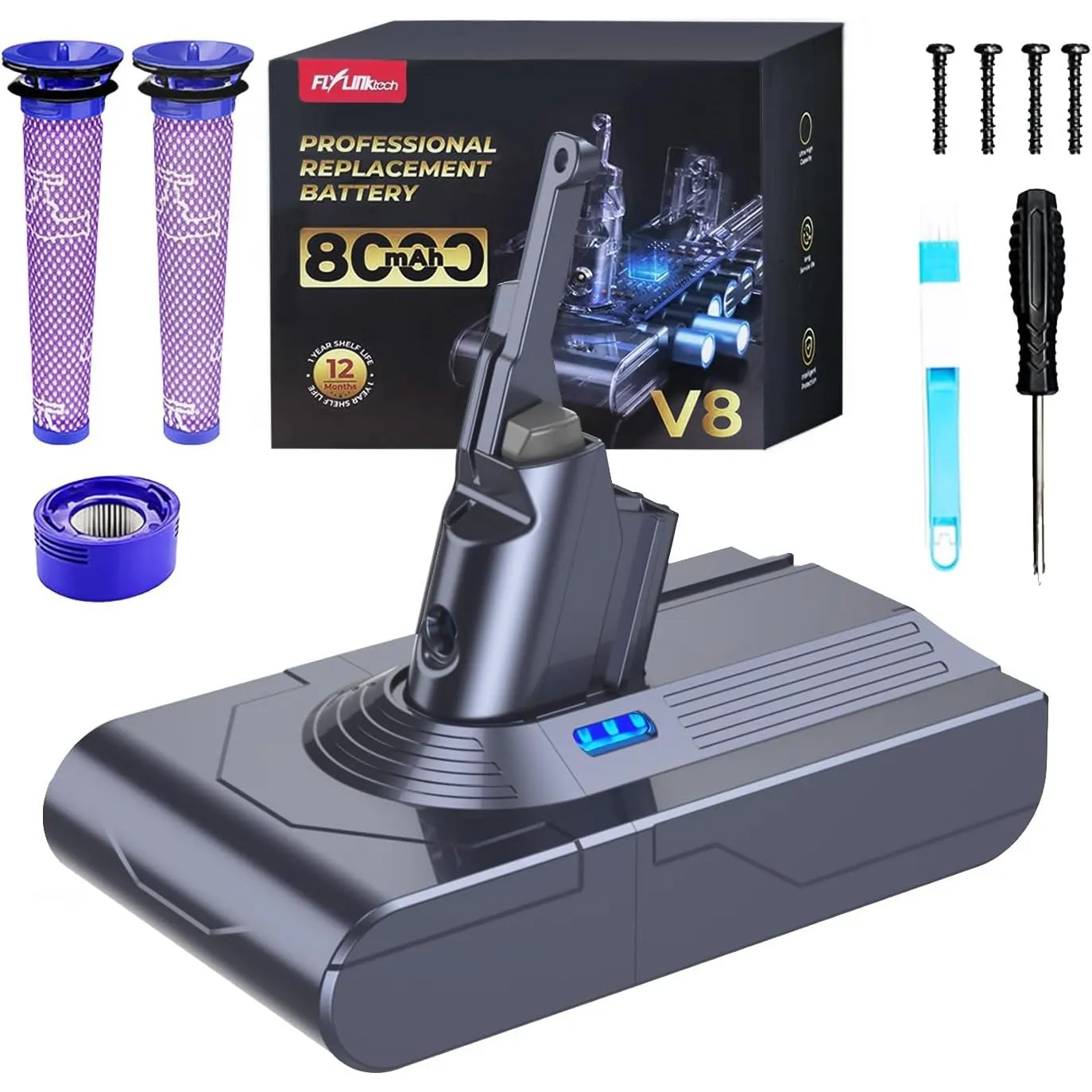 FLYLINKTECH 8.0Ah V8 Akku Kompatibel Dyson V8 Absolute/Animal/Fluffy/Motorhead SV10 Staubsauger Mit 2+1 Filtern und 4 S…