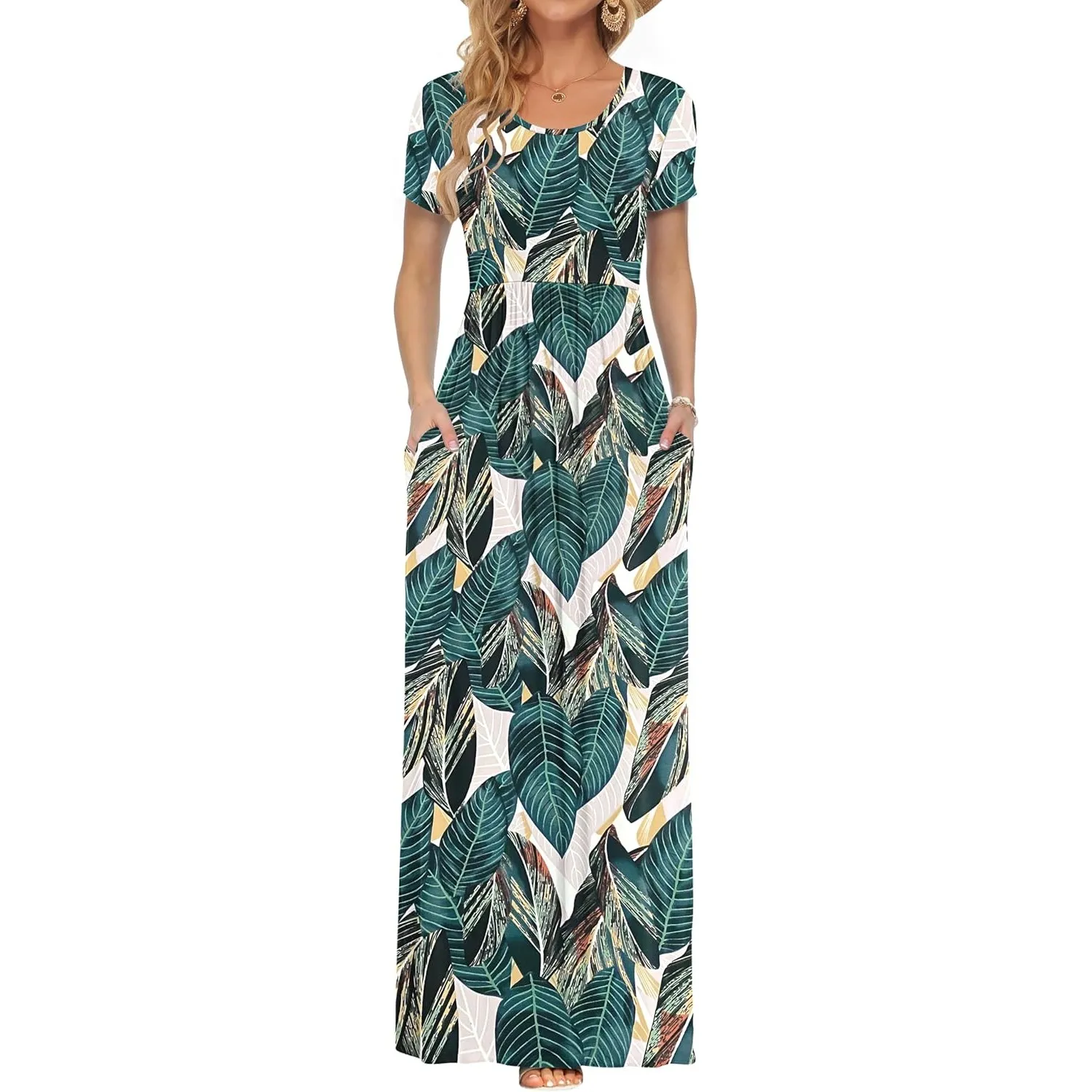 AUSELILY Damen Kurzarm Sommer Casual Long Maxi Kleider mit Taschen