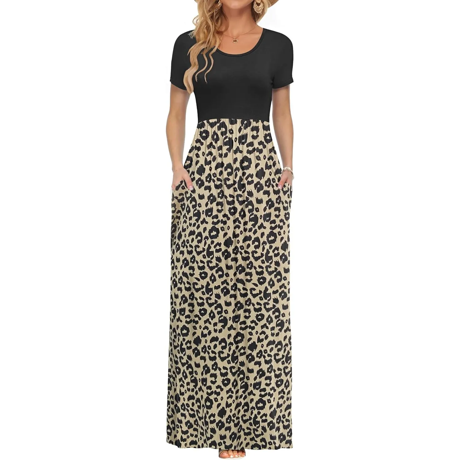 AUSELILY Damen Kurzarm Sommer Casual Long Maxi Kleider mit Taschen | Ganzjähriges Tragen, solider Blumendruck, Freizeit…