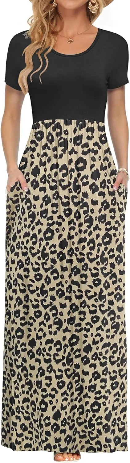 Auselily Women's Short-Sleeved, Loose Casual Long Maxi Dresses with Pockets
