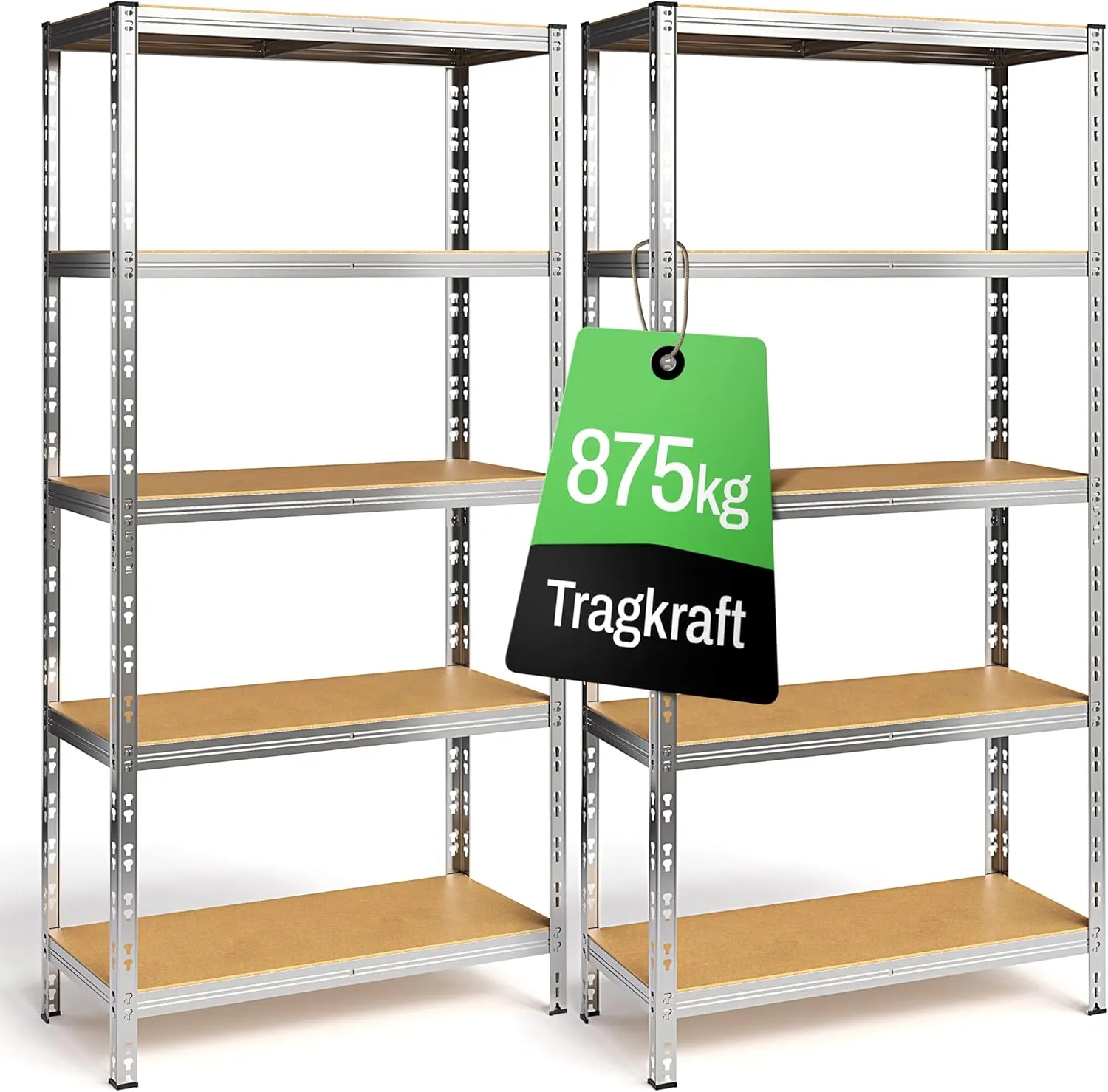 Ondis24 2er Set Metallregal Thomas, Lagerregal 90x40x180 (H) cm, Kellerregal bis 875kg belastbar, Silber, mit 5 Fachböd…