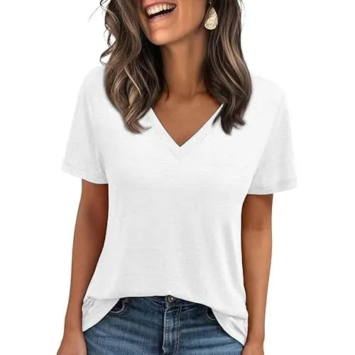 Cuptacc Tshirt Damen Sommer Basic Shirt Oberteile Damen V-Ausschnitt Kurzarm Einfarbig Casual Top