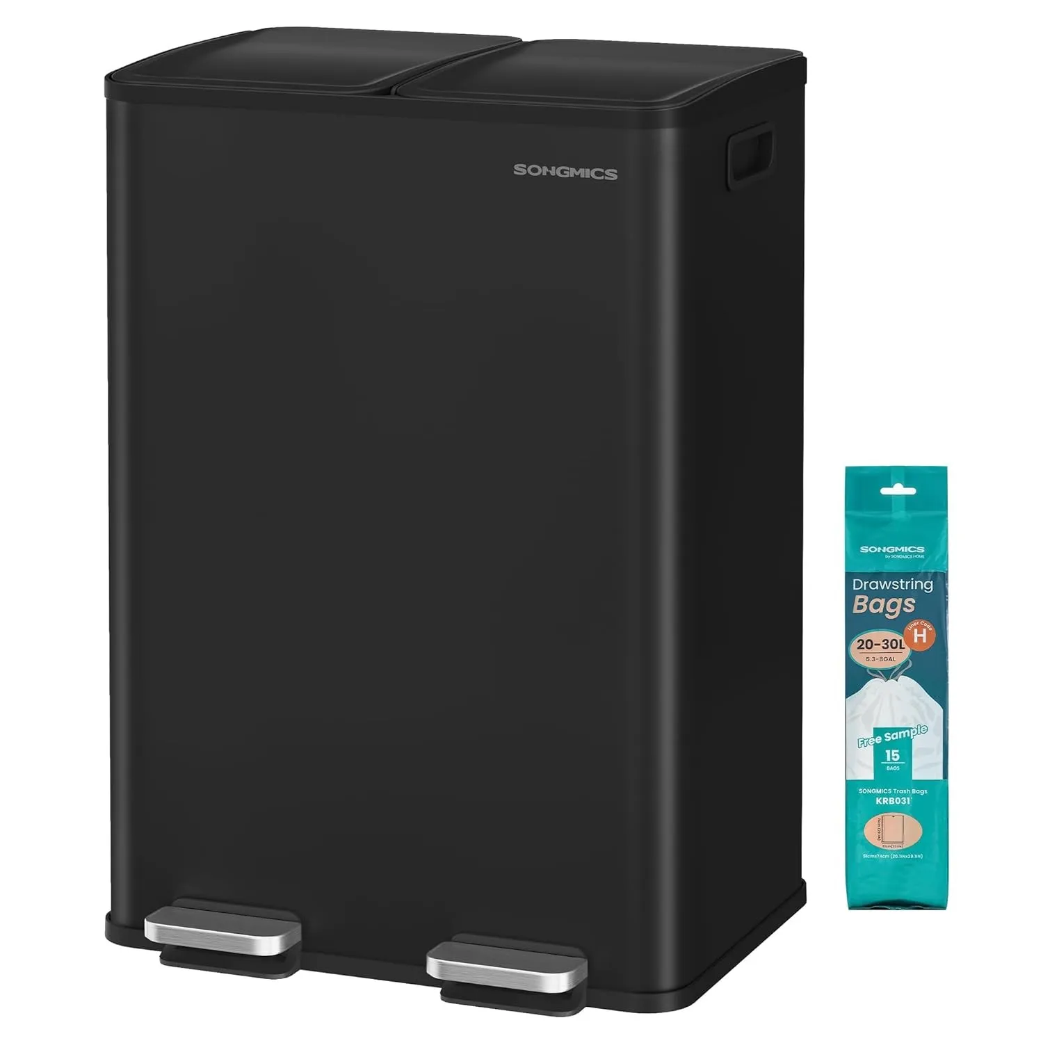 SONGMICS Mülleimer Küche, 2 x 30 Liter, 2 Fächer, mit Softclose-Deckel