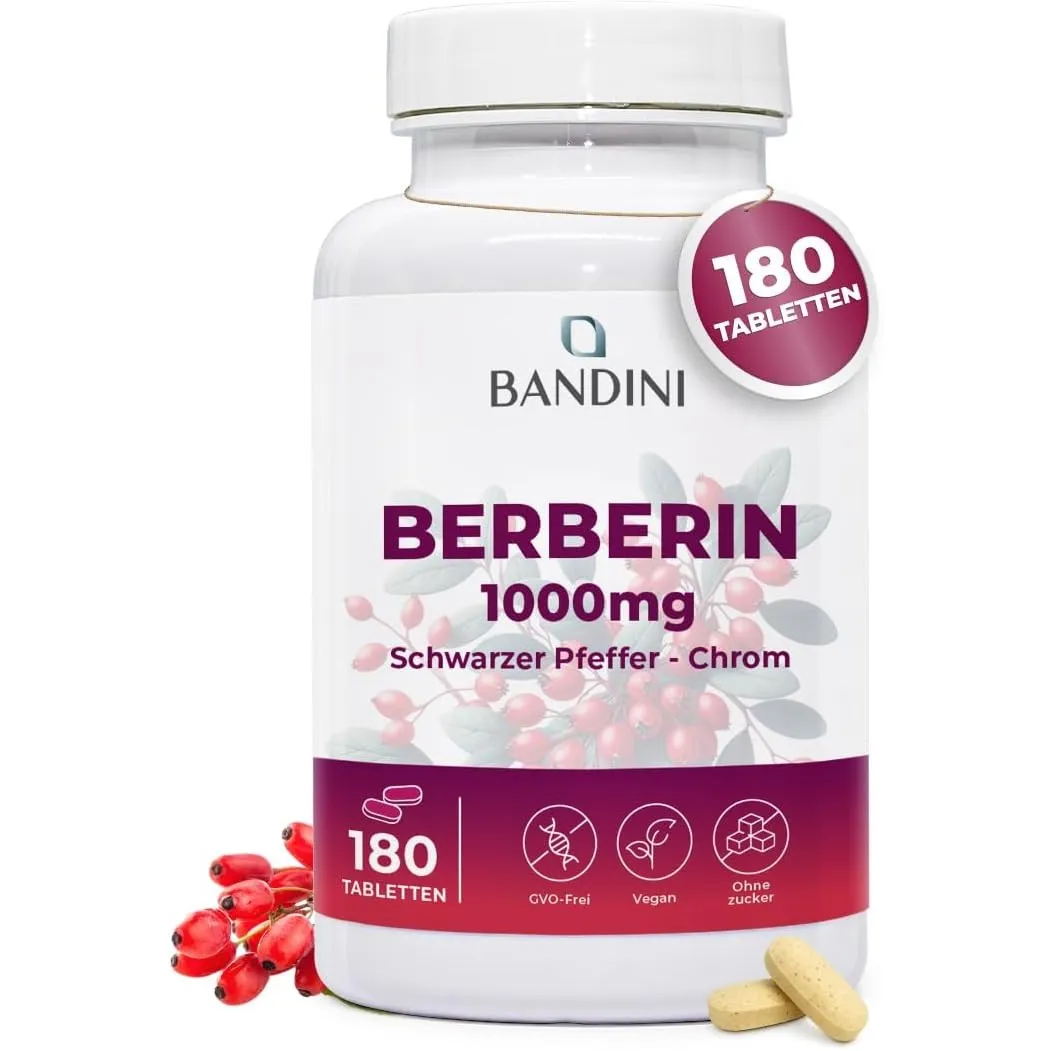 Bandini® Berberin 1000mg rein hochdosiert | 180 vegane Tabletten | | Berberin HCl aus Berberis Aristata 97% + Chrom und…