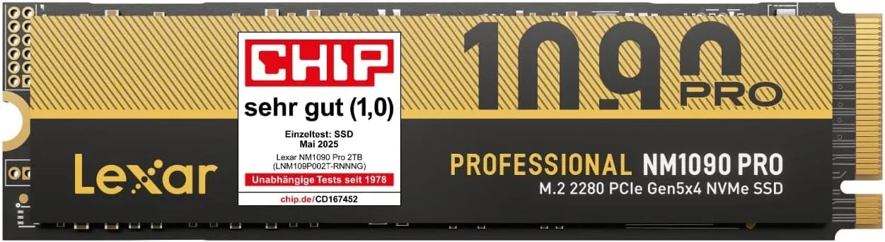 Lexar NM1090 Pro 4TB PCIe 5.0 Gen5 NVMe SSD - Bis zu 14000MB/s, Erweiterte Thermokontrolle, DirectStorage-SSD für AI-La…