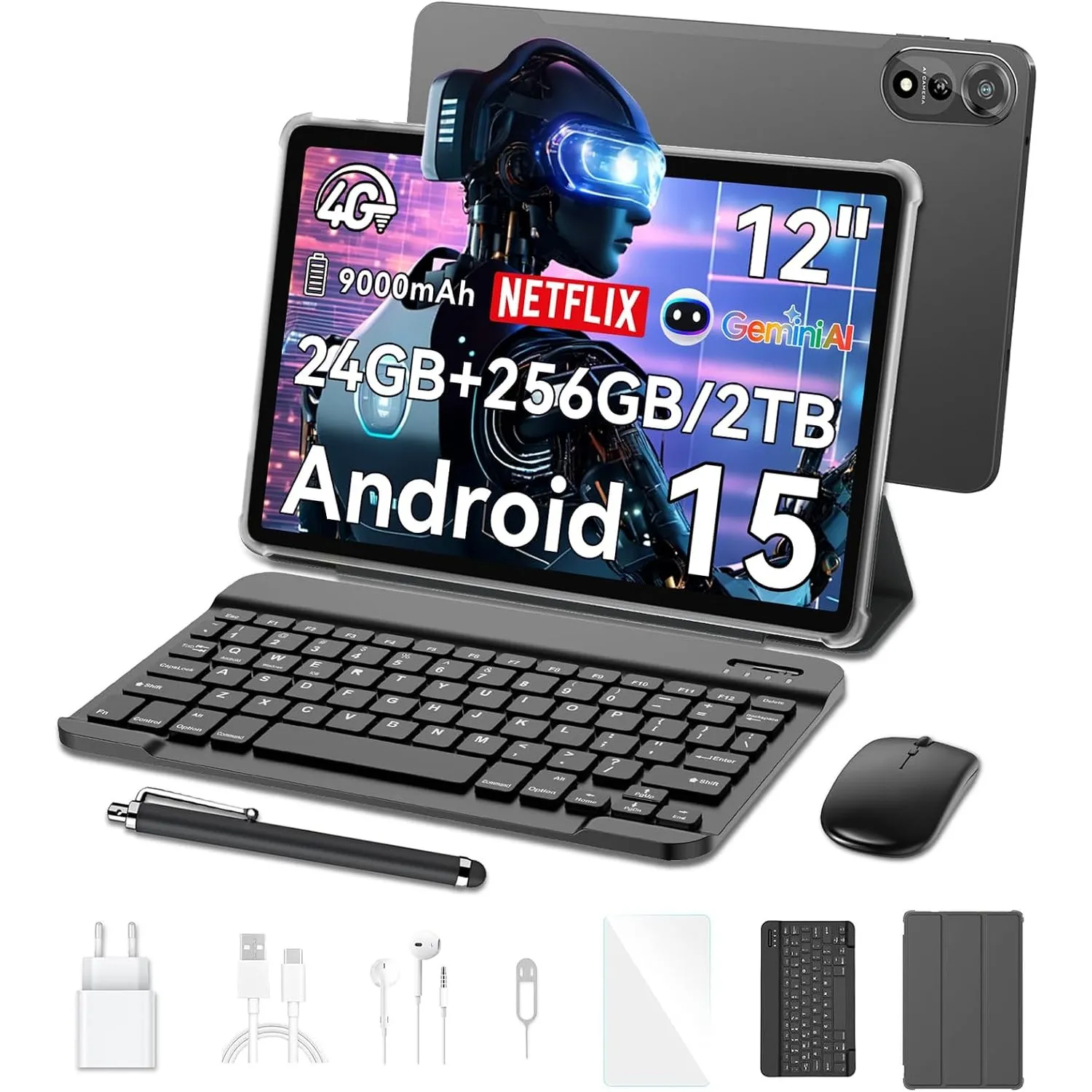 Blackview Mega2 Android 15 Tablet 12 Zoll mit Tastatur, 24GB RAM+256GB ROM, 2K FHD Großes Display Gaming Tablet, Dual 4…
