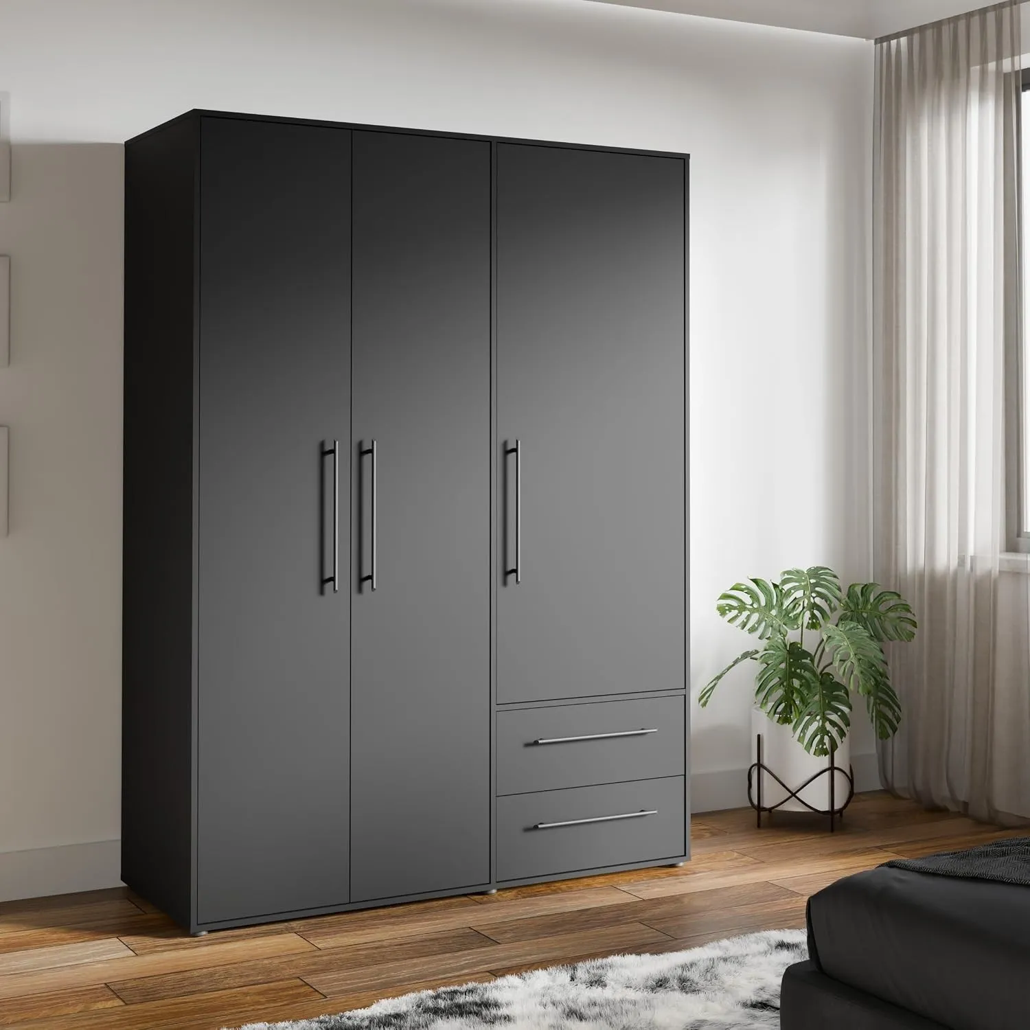 Forte Jupiter Kleiderschrank 140 150, 3-türiger Drehtürenschrank mit 2 Schubladen, Einlegeböden, Kleiderstange, Holzwer…