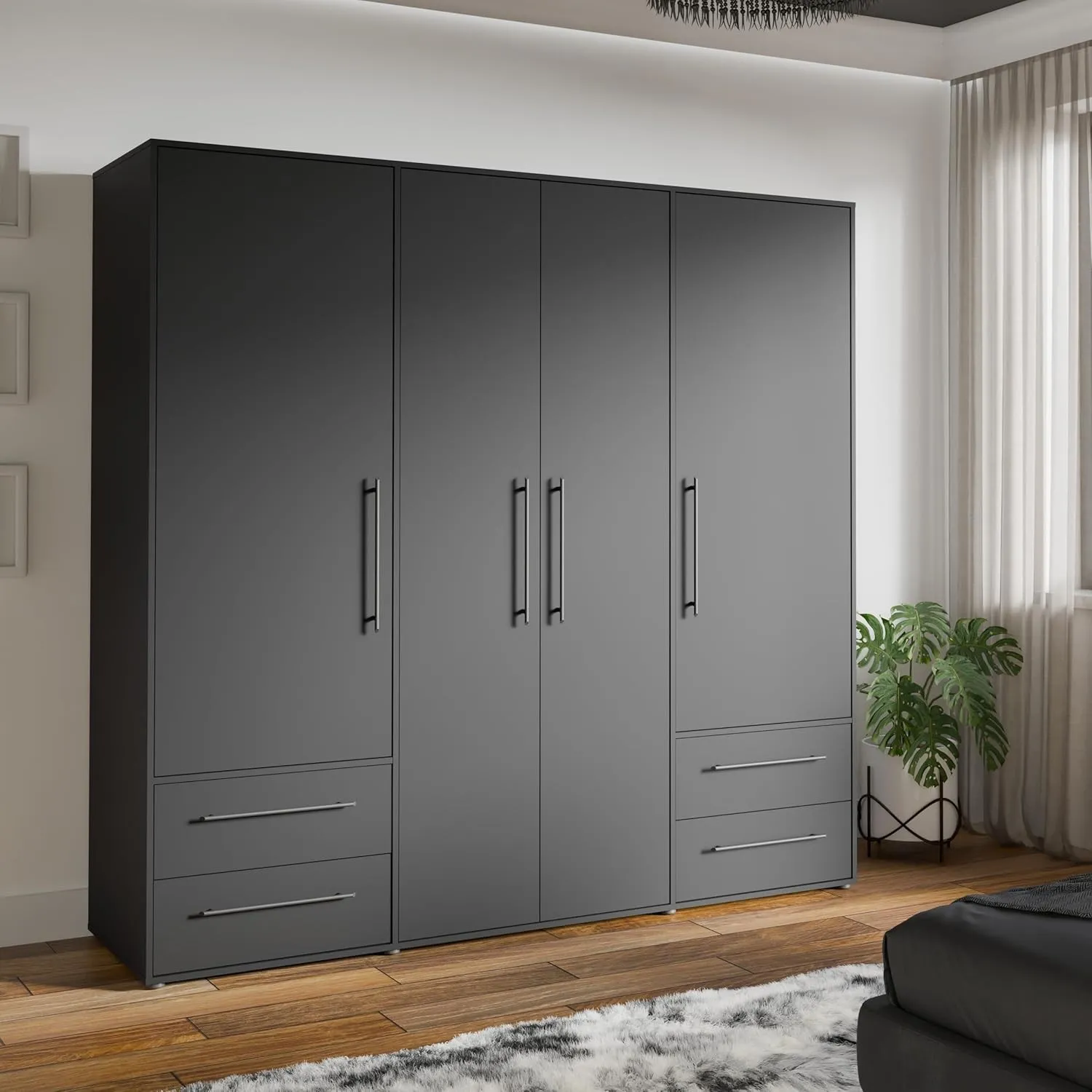 Forte Jupiter Kleiderschrank 200 210, 4-türiger Drehtürenschrank mit 4 Schubladen, Einlegeböden, Kleiderstange, Holzwer…