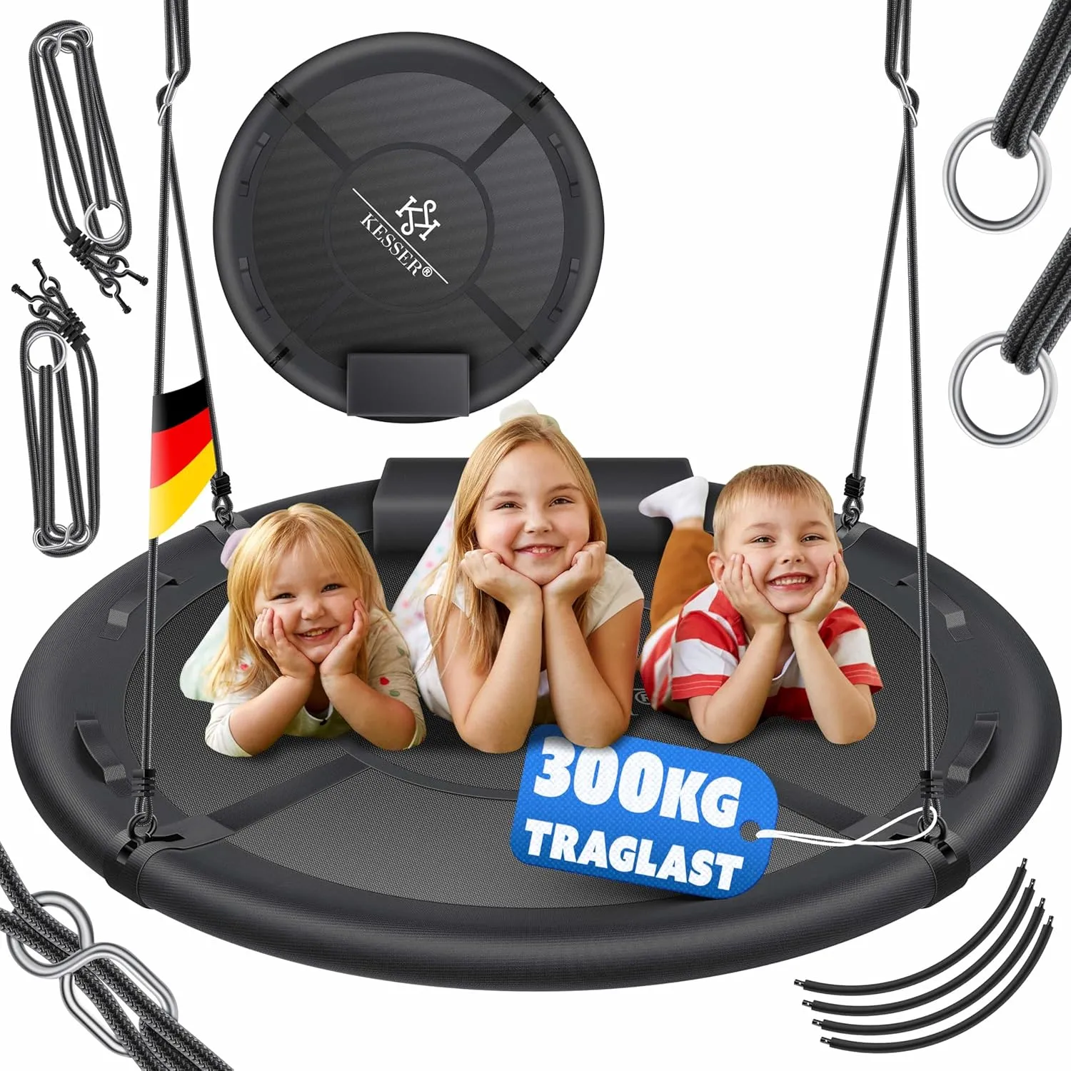 KESSER® Nestschaukel Tellerschaukel Hängeschaukel Rundschaukel Ø 120cm Schaukel bis 300kg belastbar mit Kissen & 4 Grif…