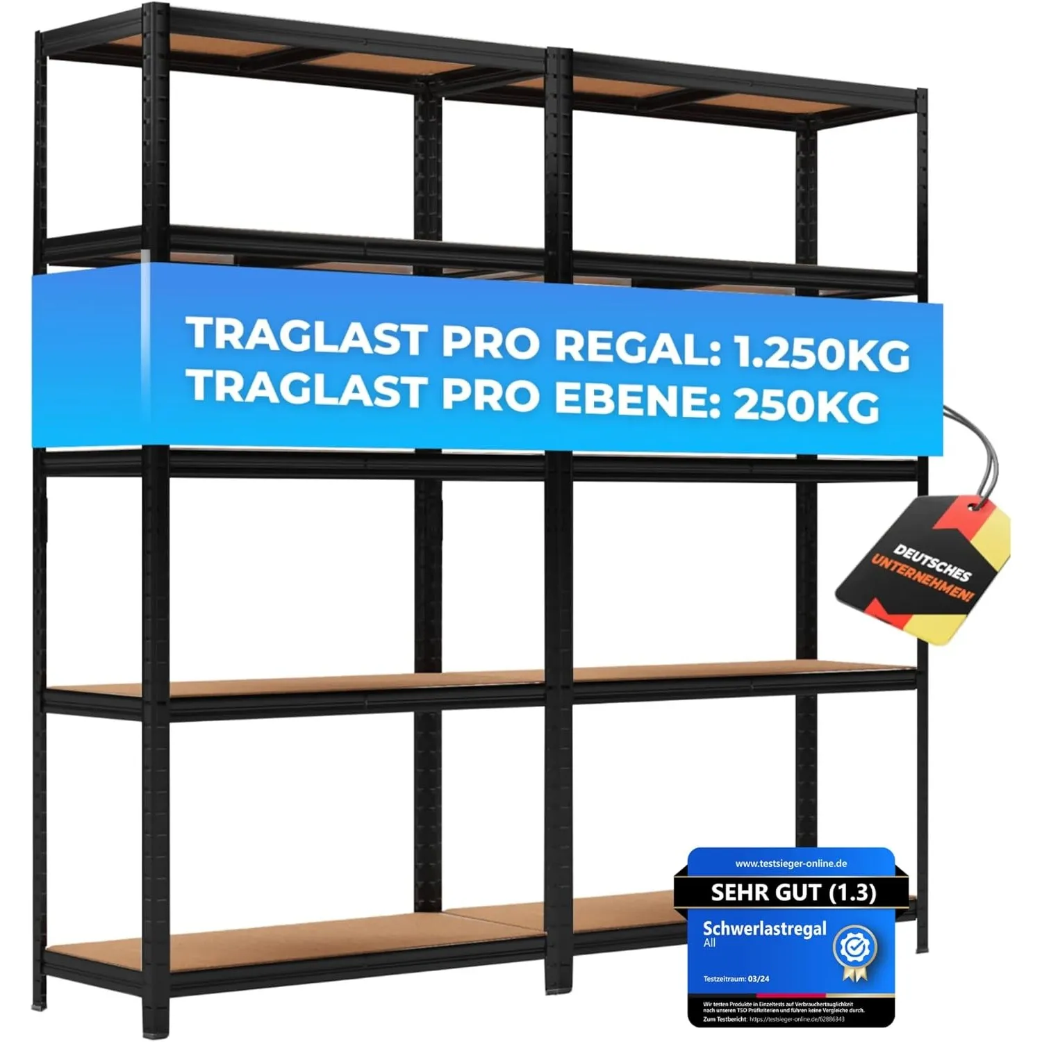 ALL Premium Schwerlastregal 180x90x40cm - 2er Set Schwarz 1250kg Traglast stabiles Kellerregal Metall, Lagerregal & Vor…