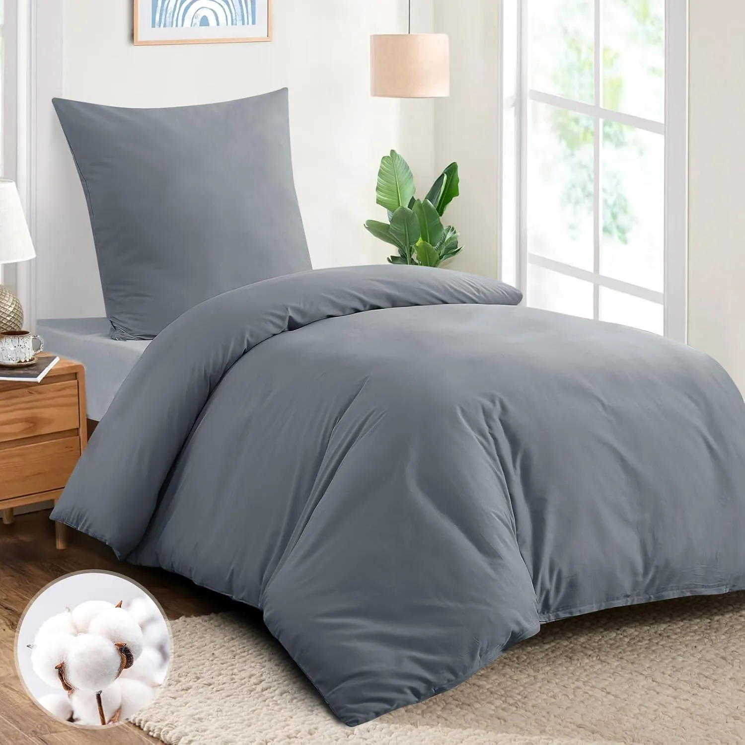 Aisbo Bed Linen 140 x 200 cm Cotton Grey - Bed Linen Sets Duvet Cover 140 x 200 cm with Pillowcase 80 x 80 cm, Cotton B…