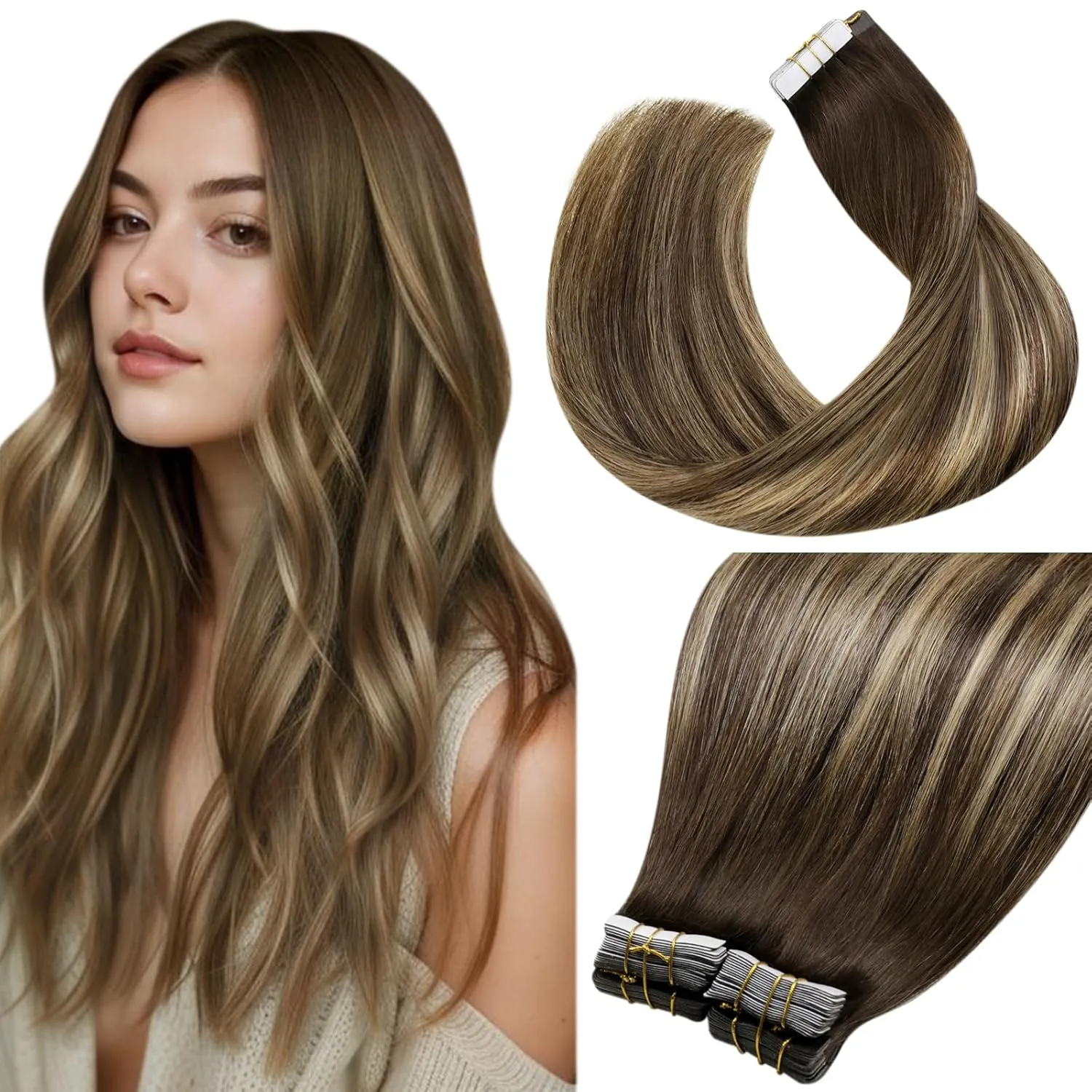 LaaVoo Tape in Extensions Echthaar Braun Ombre Tape in Extensions 100g Dunkelbraun Balayage Karamellblond 45cm Invisibl…