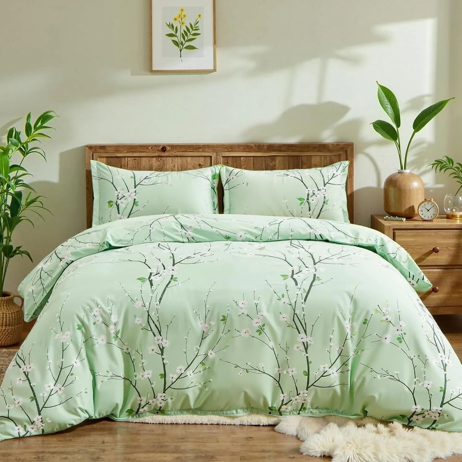 Freyamy Bettwäsche 200x200 Blumen Grün Blütenzweig Aesthetic Bettwäsche Set