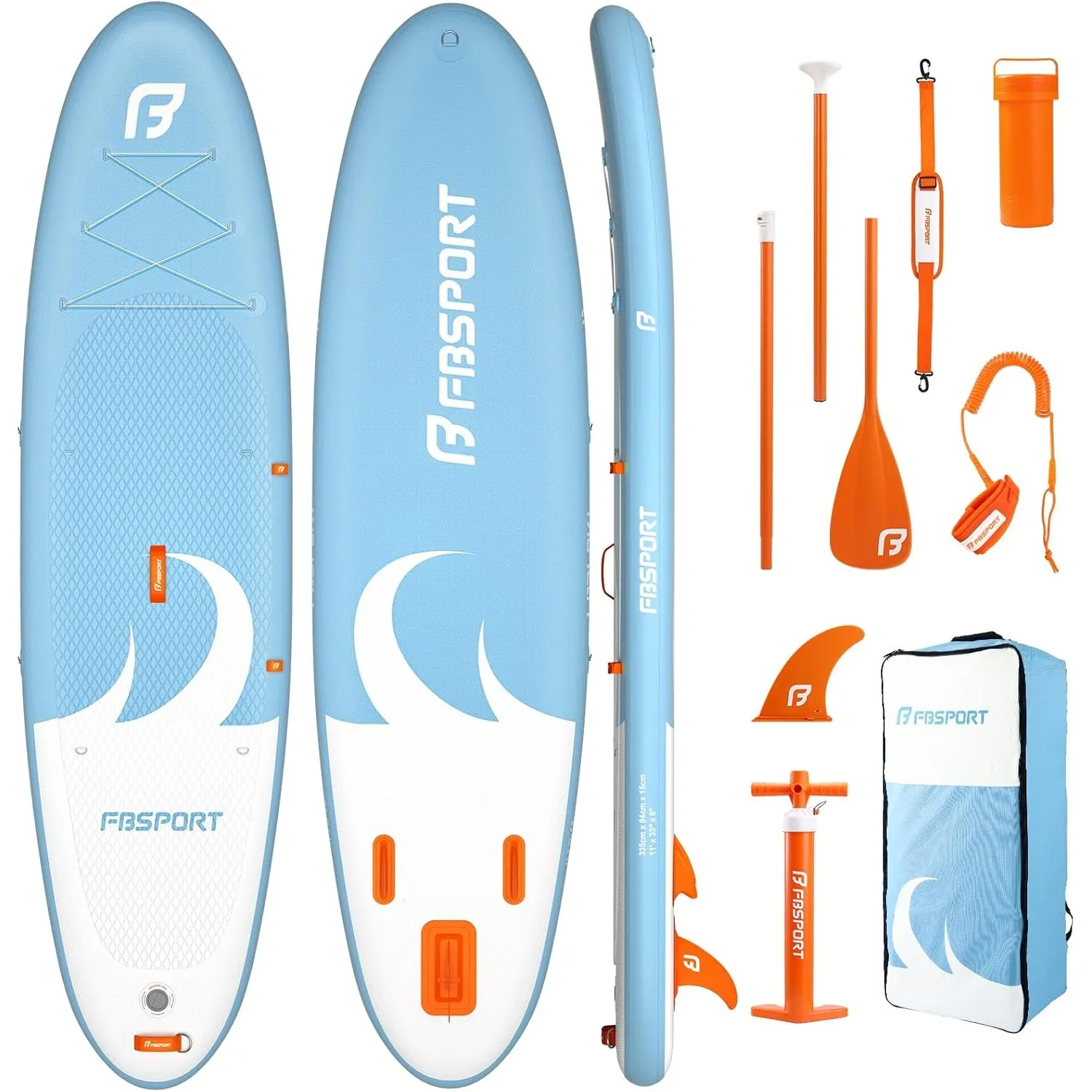 FBSPORT Stand up Paddling Board Surfbrett Surfboard SUP aufblasbar mit Pumpe 335x84x15 cm Tragetasche SUP Zubehör mit r…