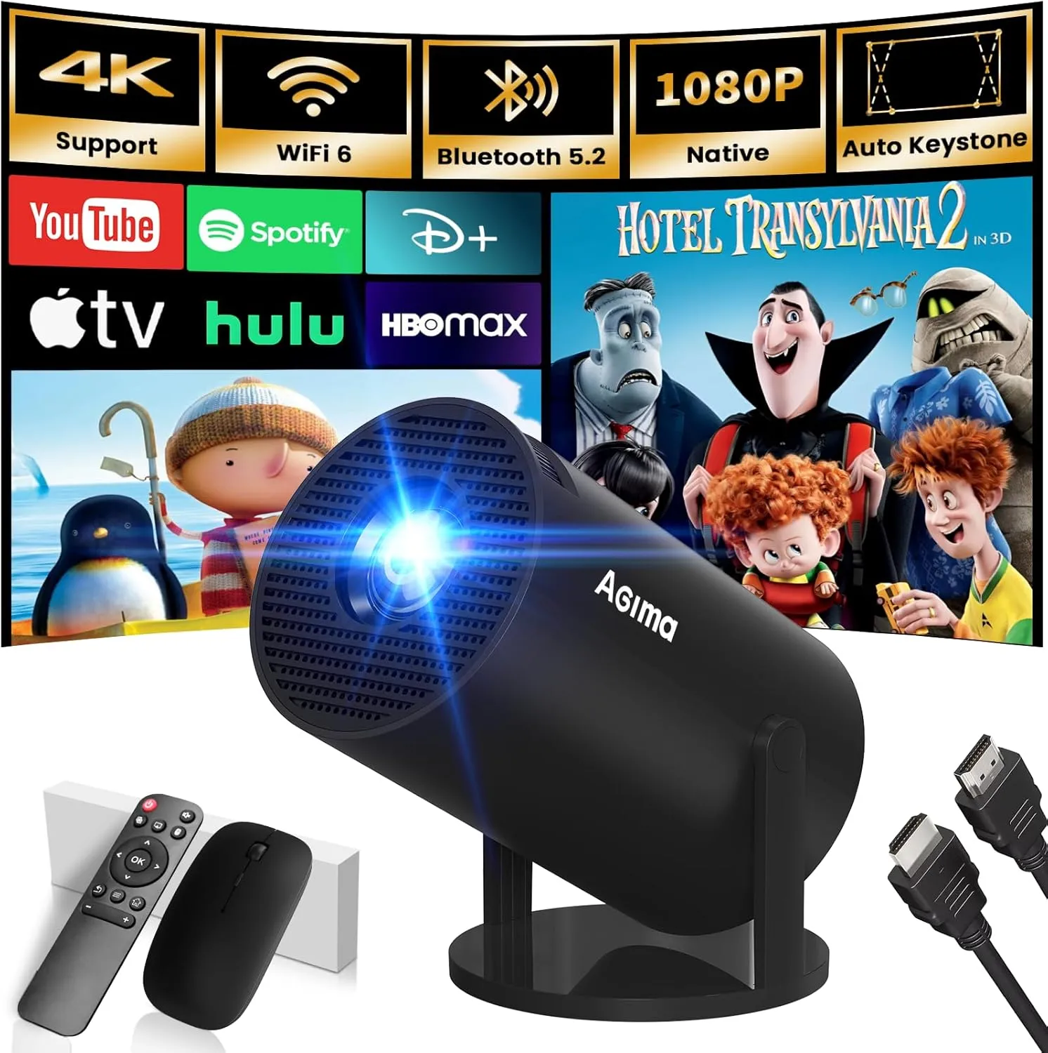 4K Mini Projector 2026 Wi-Fi 6 Bluetooth Projector with Built-in Apps 1080P Resolution HiFi Speaker Car Screen Keystone…