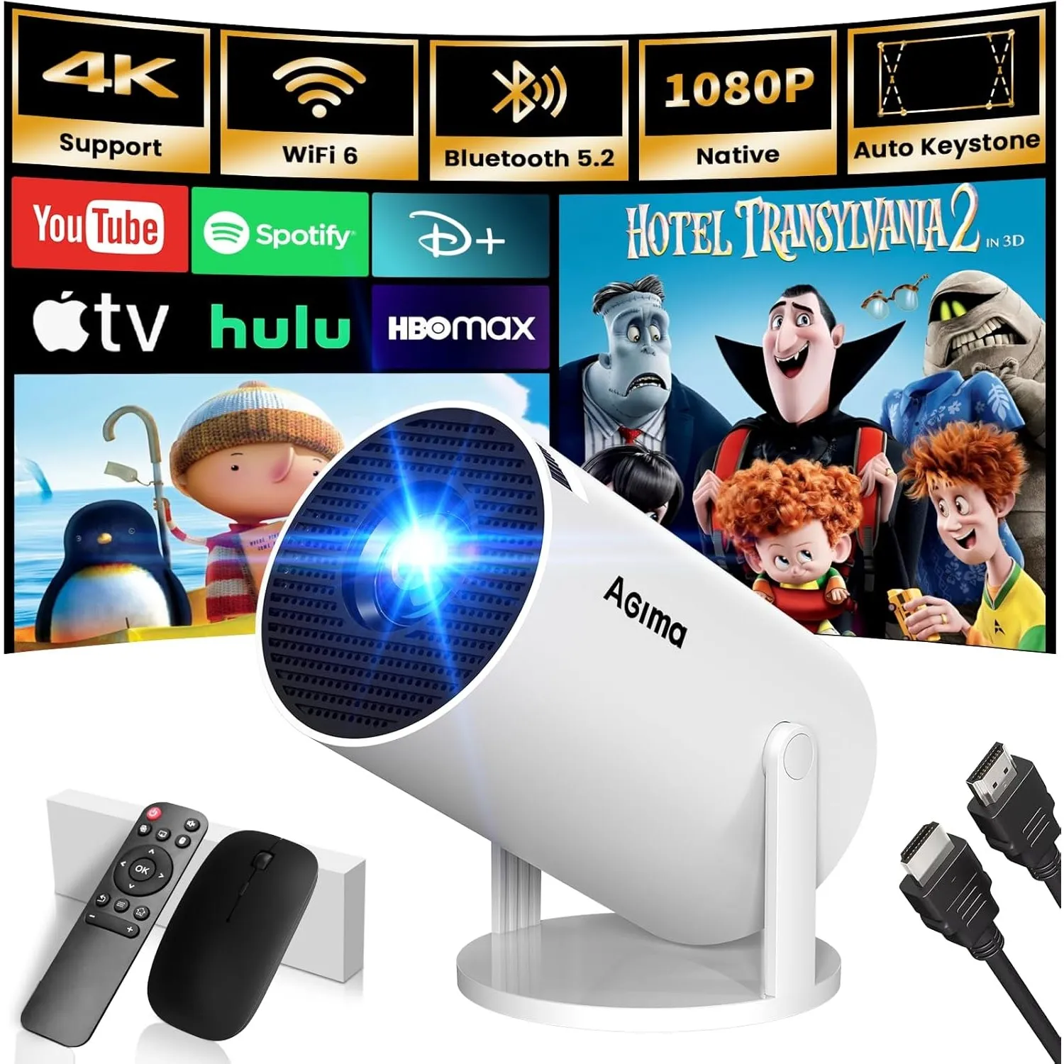 4K Mini Beamer 2026 Neueste Wi-Fi 6 Bluetooth Projektor mit Eingebauten Apps 1080P Auflösung HiFi Lautsprecher Auto Scr…