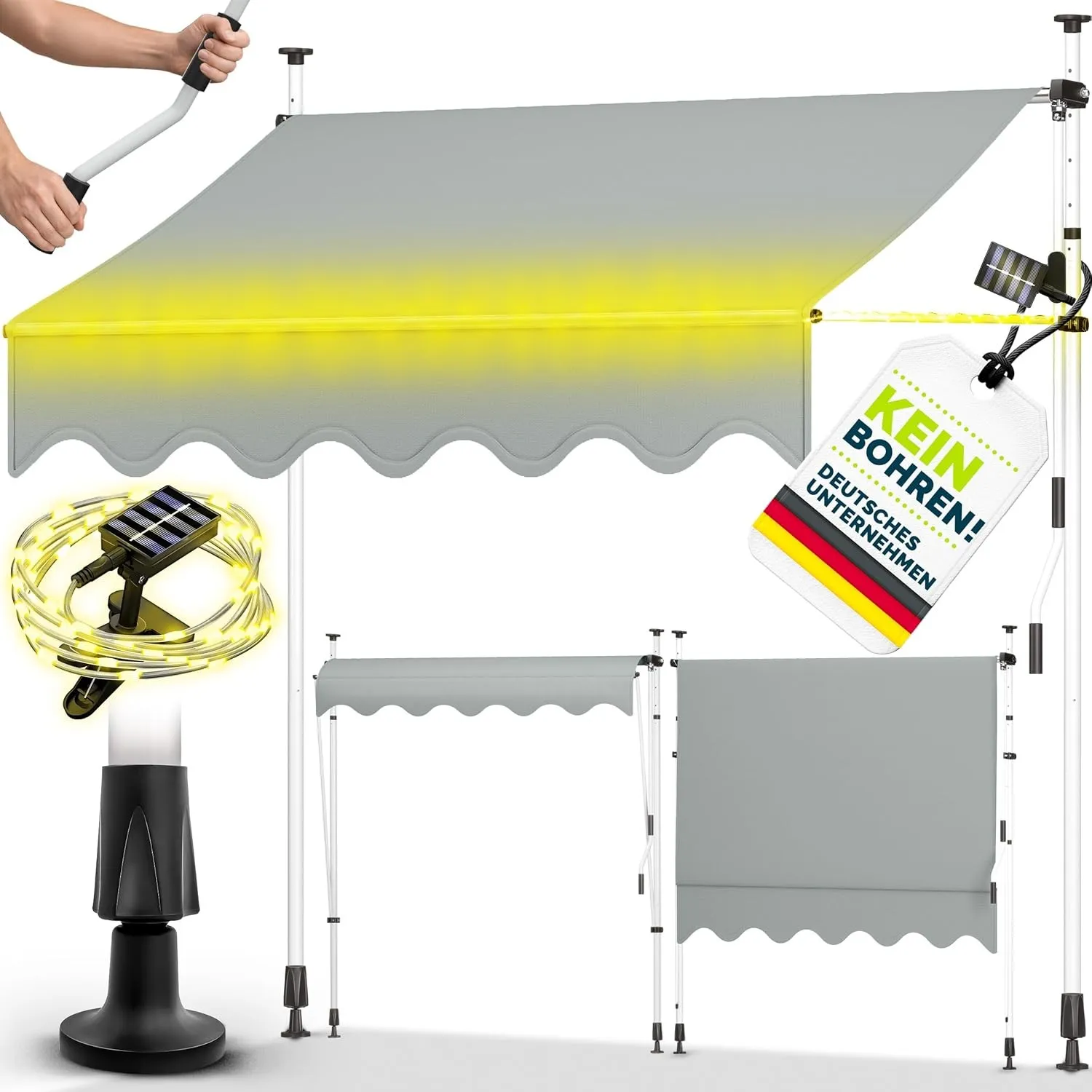 tillvex Klemmmarkise 250cm mit Handkurbel & LED Lichterkette Balkonmarkise | Markise Balkon UV-beständig, wasserdicht &…
