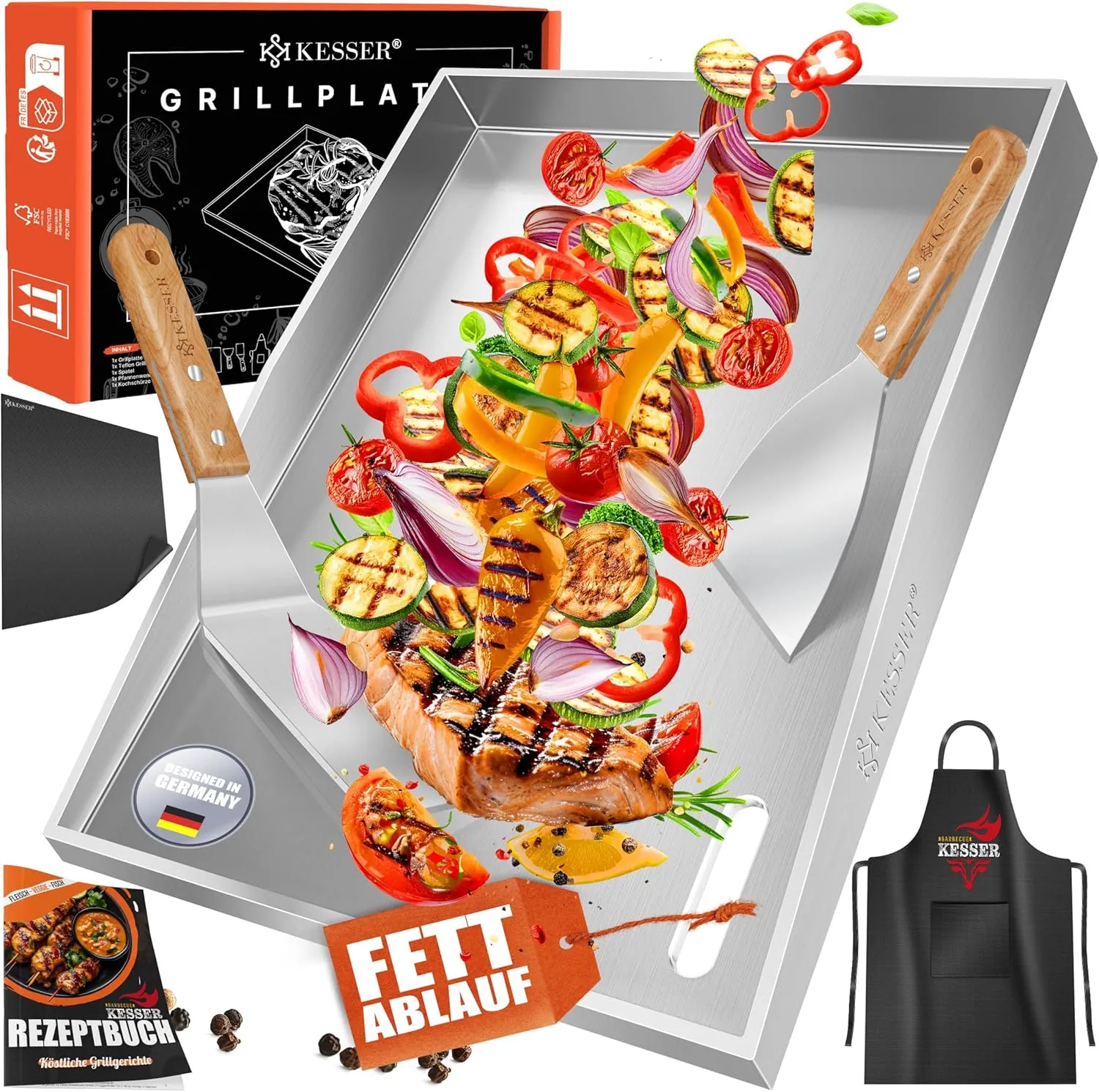 KESSER Plancha Grill Plate Stainless Steel 40 x 30 cm Rustproof with Fat Drain, Heat Resistant up to 800 °C and Dishwas…