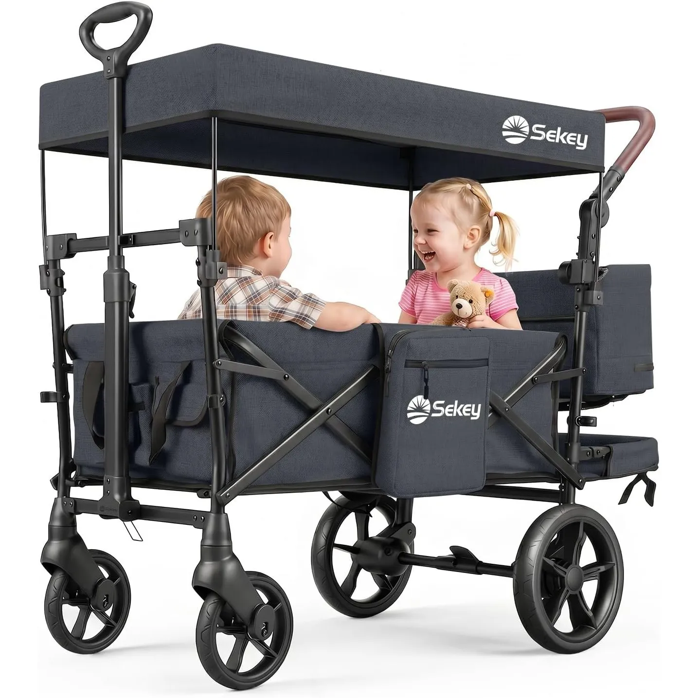 Sekey Bollerwagen Faltbar mit Dach, Kinder Bollerwagen mit XXL Rädern (Ø 24/20 cm) für 1–2 Kinder, Federung & Kugellage…