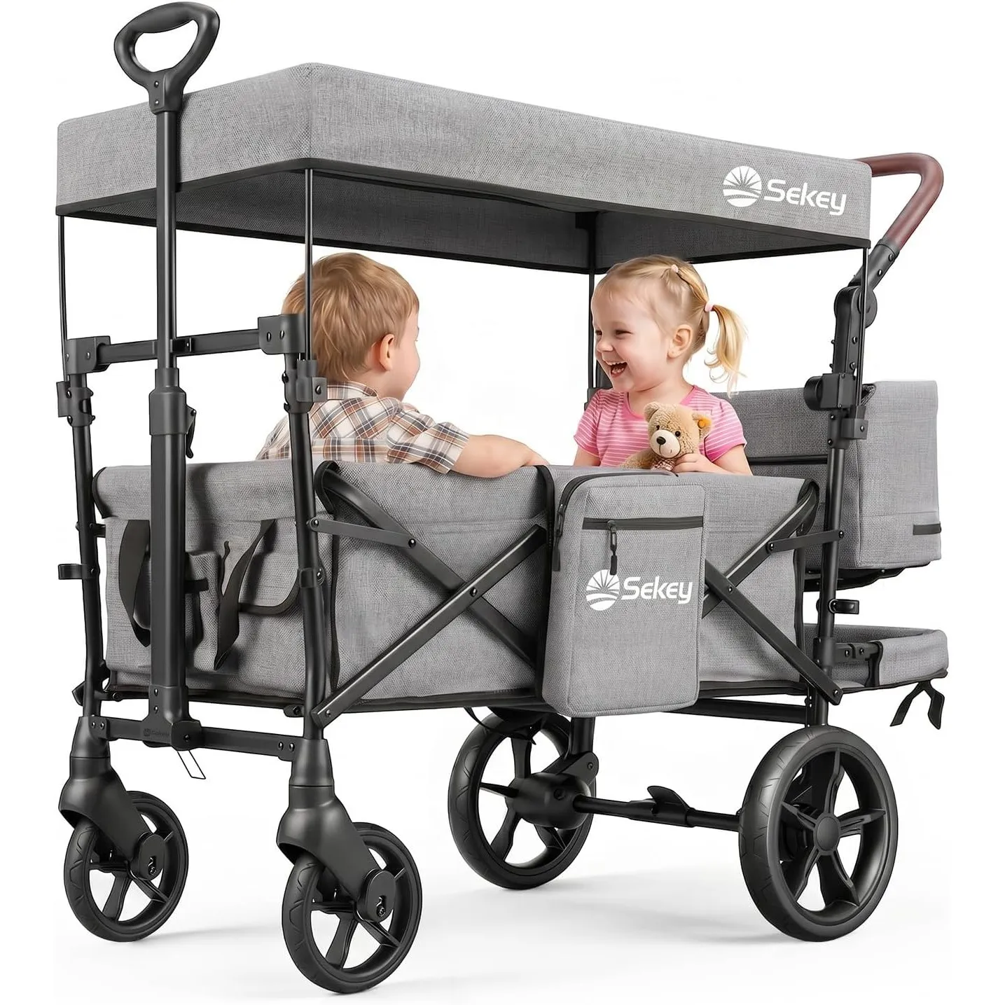 Sekey Bollerwagen Faltbar mit Dach, Kinder Bollerwagen mit XXL Rädern (Ø 24/20 cm) für 1–2 Kinder, Federung & Kugellage…