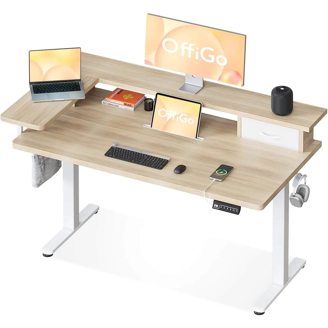 OffiGo Schreibtisch Höhenverstellbar mit Schublade, 120×60 cm, Beige
