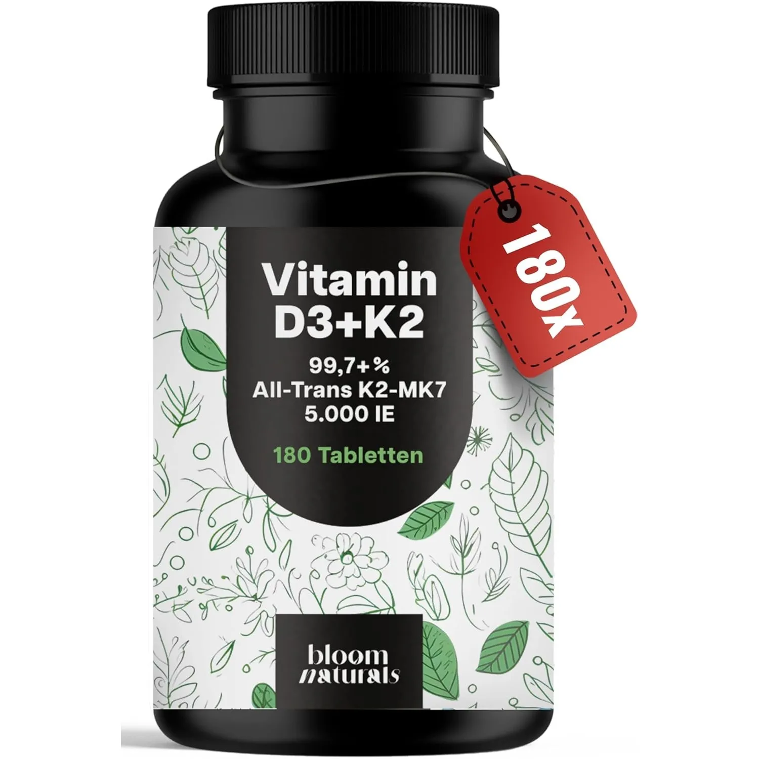 Vitamin D3 K2 5000 IE hochdosiert – 180 Tabletten – Premium 99,7+% All-Trans K2-MK7 – produziert in Deutschland Laborge…