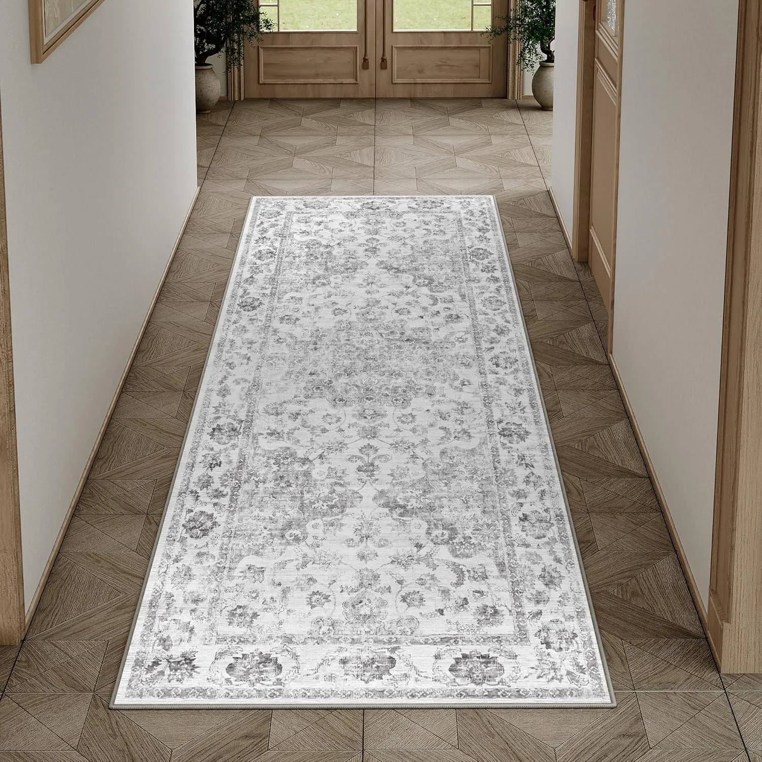 HUGEAR Vintage Teppich Läufer Flur 60x180cm Grau Waschbar | Waschbarer Teppich, Rutschfest Weich, Kurzflor Retro, für V…
