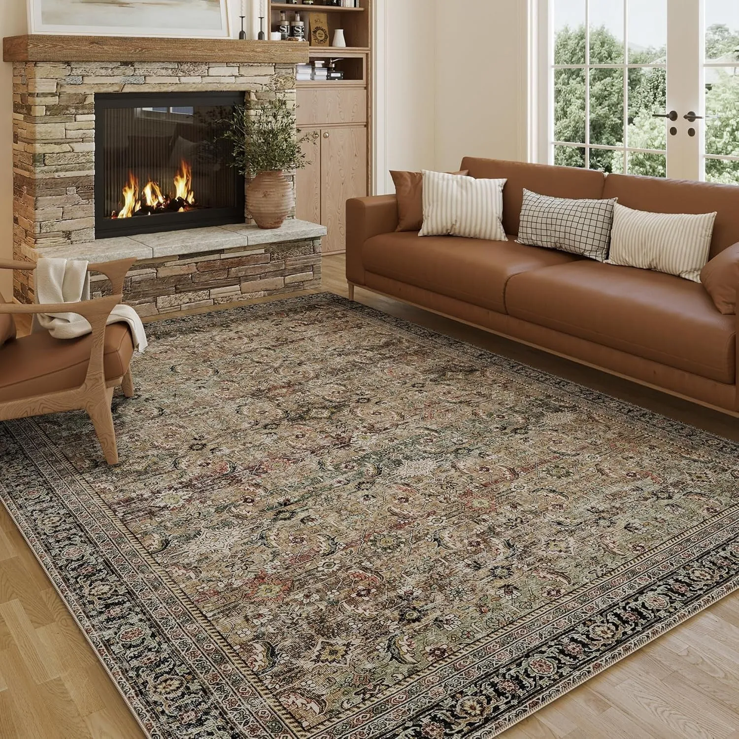 HUGEAR Vintage Teppich Wohnzimmer 240x300cm Braun Waschbar | Waschbarer Retro Teppich,Weich,Rutschfest Kurzflor,Groß,fü…