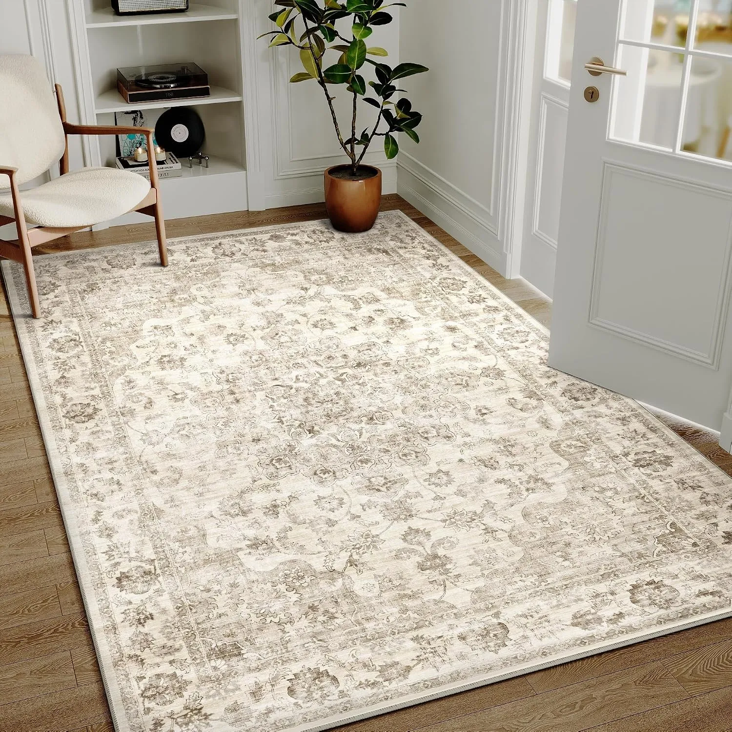 HUGEAR Vintage Teppich Wohnzimmer 140x200cm Beige Waschbar | Waschbarer Retro Teppich,Weich,Rutschfest Kurzflor,Groß,fü…