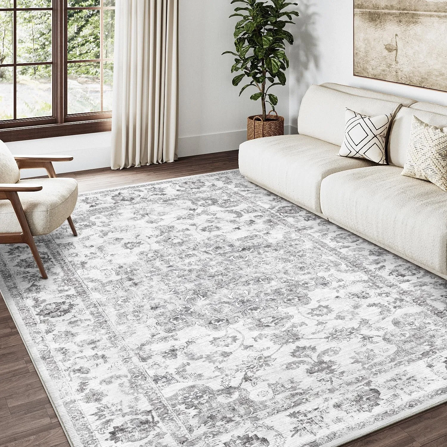HUGEAR Vintage Teppich Wohnzimmer 160x230cm Grau Waschbar | Waschbarer Retro Teppich,Weich,Rutschfest Kurzflor,Groß,für…