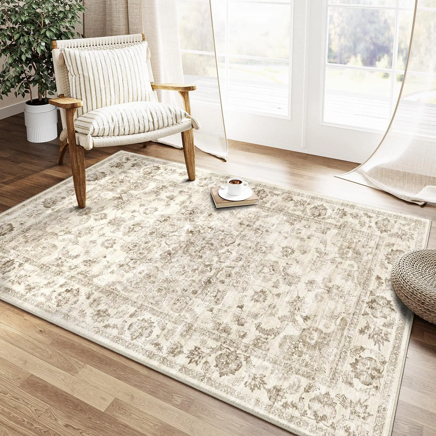 Vintage Beige Waschbarer Teppich Wohnzimmer 150x80cm Retro Rugs for Living Room Weich rutschfest Groß Tepich Kurzflor S…