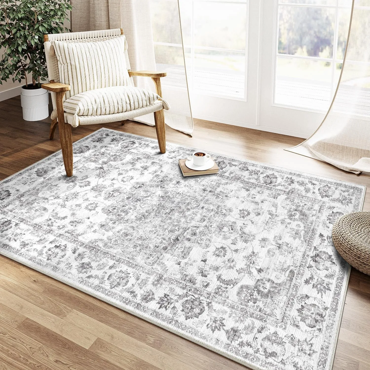 HUGEAR Vintage Grau Waschbarer Teppich Wohnzimmer 120x170cm Retro Rugs for Living Room Weich rutschfest Groß Tepich Kur…