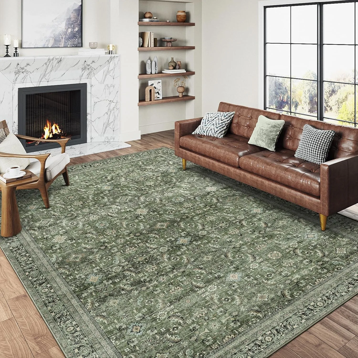 HUGEAR Vintage Grün Waschbarer Teppich Wohnzimmer 200x300cm Retro Rugs for Living Room Weich rutschfest Groß Tepich Kur…