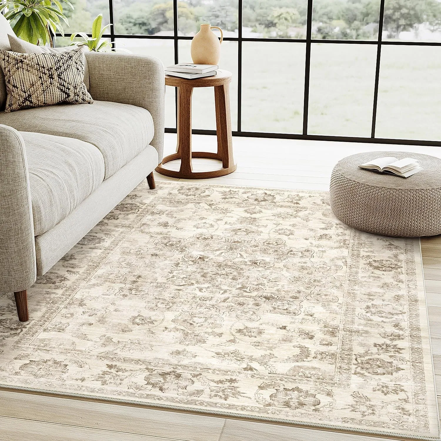 HUGEAR Vintage Teppich Wohnzimmer 120x170cm Beige Waschbar | Waschbarer Retro Teppich,Weich,Rutschfest Kurzflor,Groß,fü…