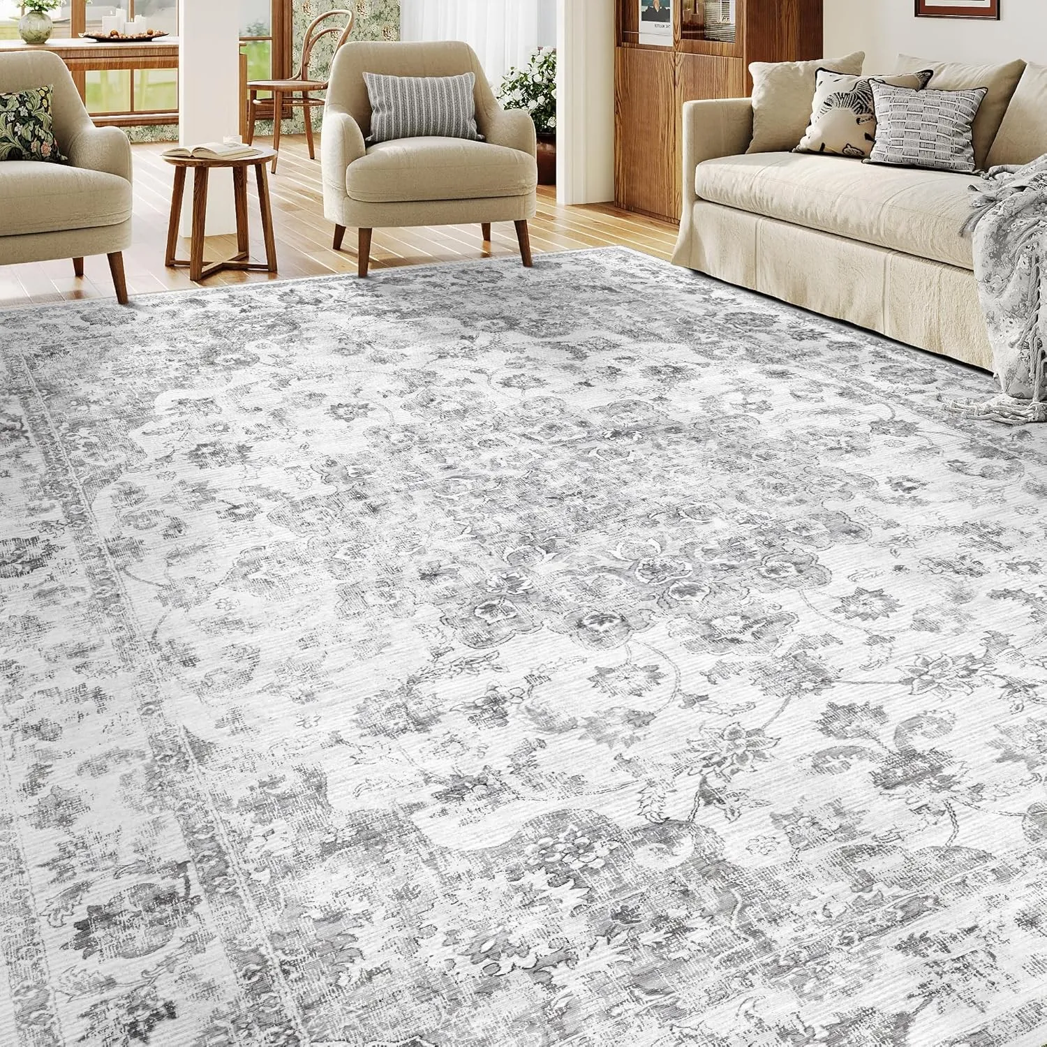 HUGEAR Vintage Teppich Wohnzimmer 200x300cm Grau Waschbar | Waschbarer Retro Teppich,Weich,Rutschfest Kurzflor,Groß,für…